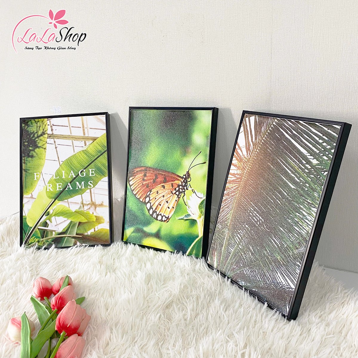 Bộ 3 Tấm Tranh Treo Tường L&aacute; Xanh V&agrave; Bươm Bướm Nghệ Thuật