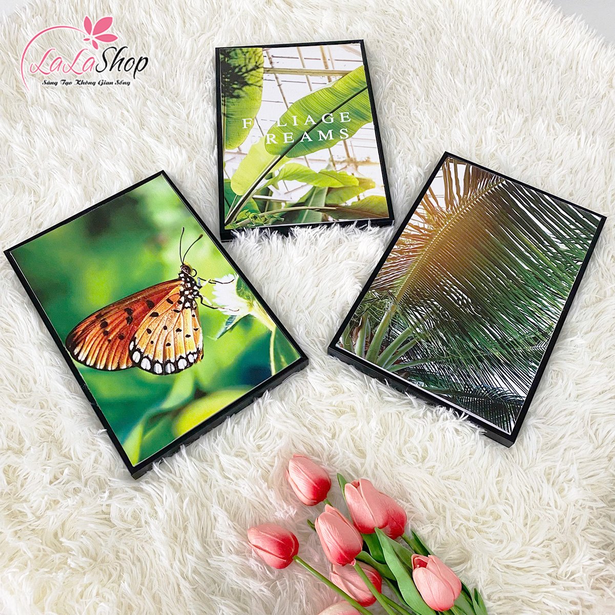 Bộ 3 Tấm Tranh Treo Tường L&aacute; Xanh V&agrave; Bươm Bướm Nghệ Thuật