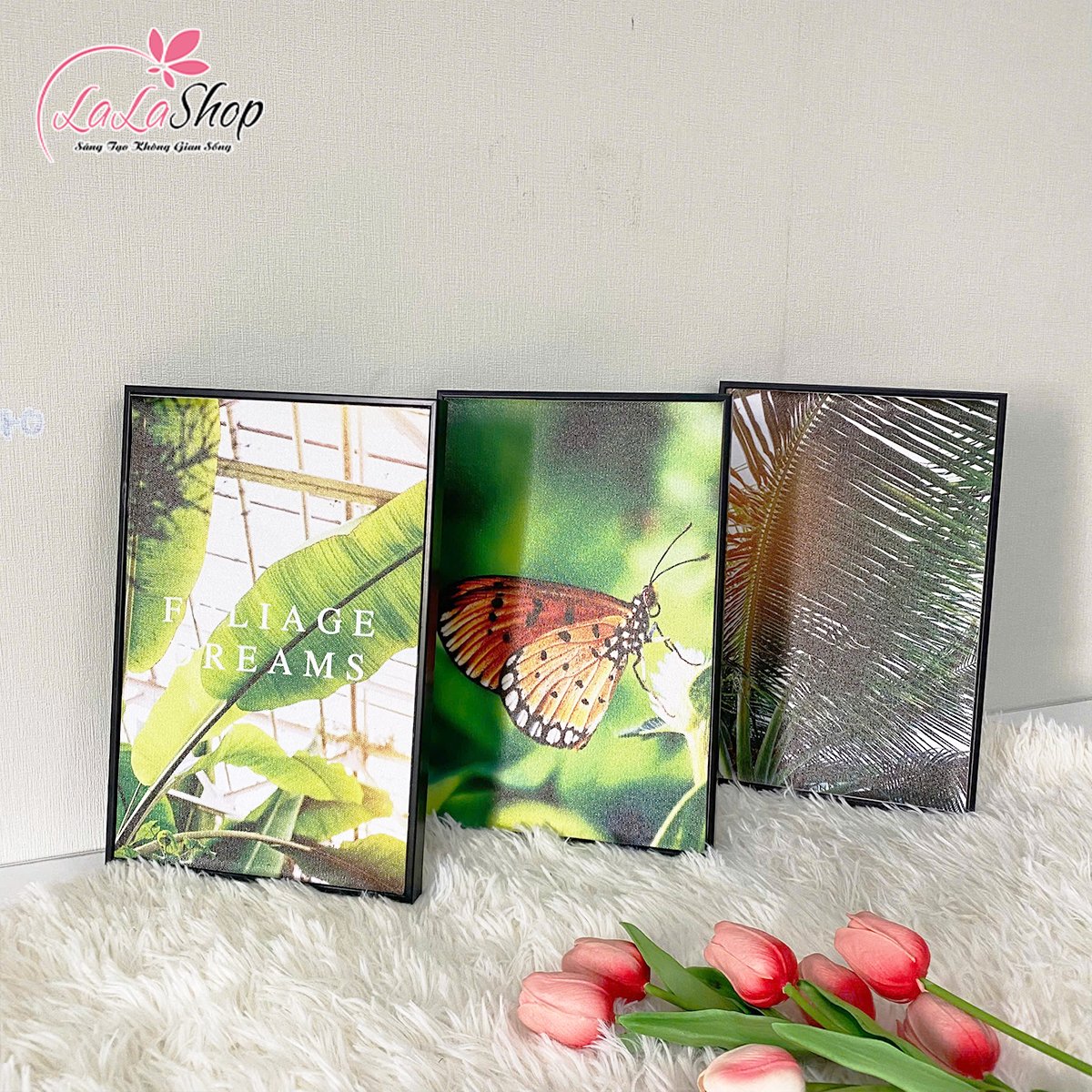 Bộ 3 Tấm Tranh Treo Tường L&aacute; Xanh V&agrave; Bươm Bướm Nghệ Thuật