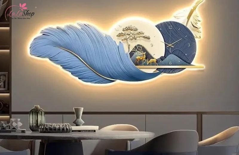 Tranh Đồng Hồ Đ&ocirc;i Hươu V&agrave;ng & L&ocirc;ng Vũ