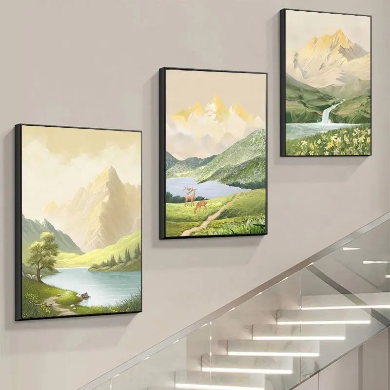 Tranh phong cảnh hươu giữa n&uacute;i rừng