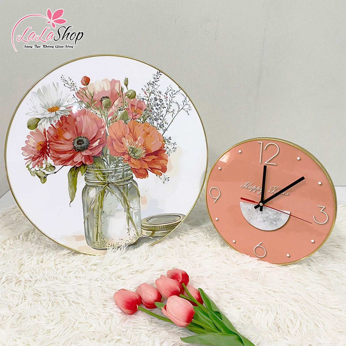 Tranh Đồng Hồ Treo Tường UV Pha L&ecirc; B&oacute;ng B&igrave;nh Hoa Đồng Tiền