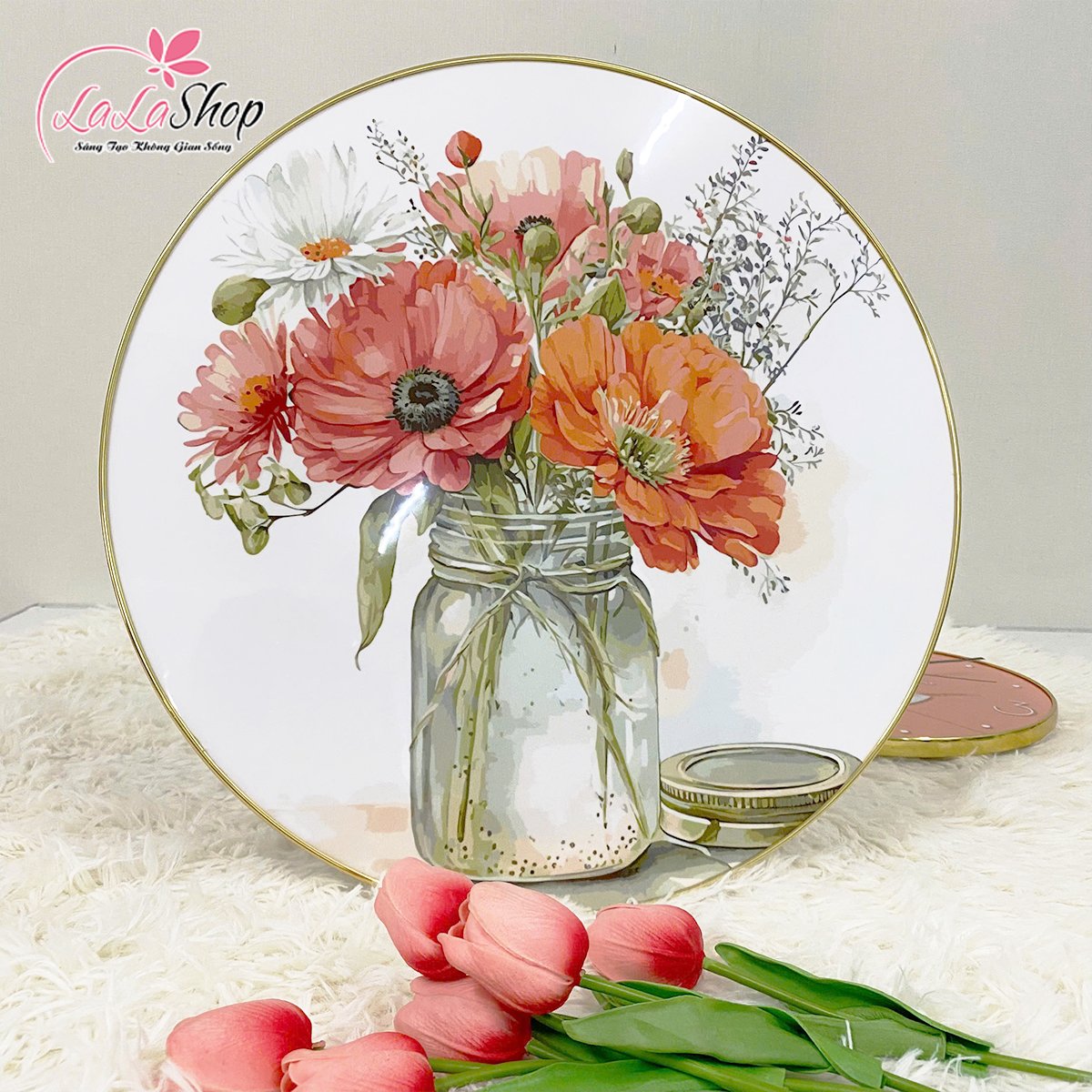 Tranh Đồng Hồ Treo Tường UV Pha L&ecirc; B&oacute;ng B&igrave;nh Hoa Đồng Tiền