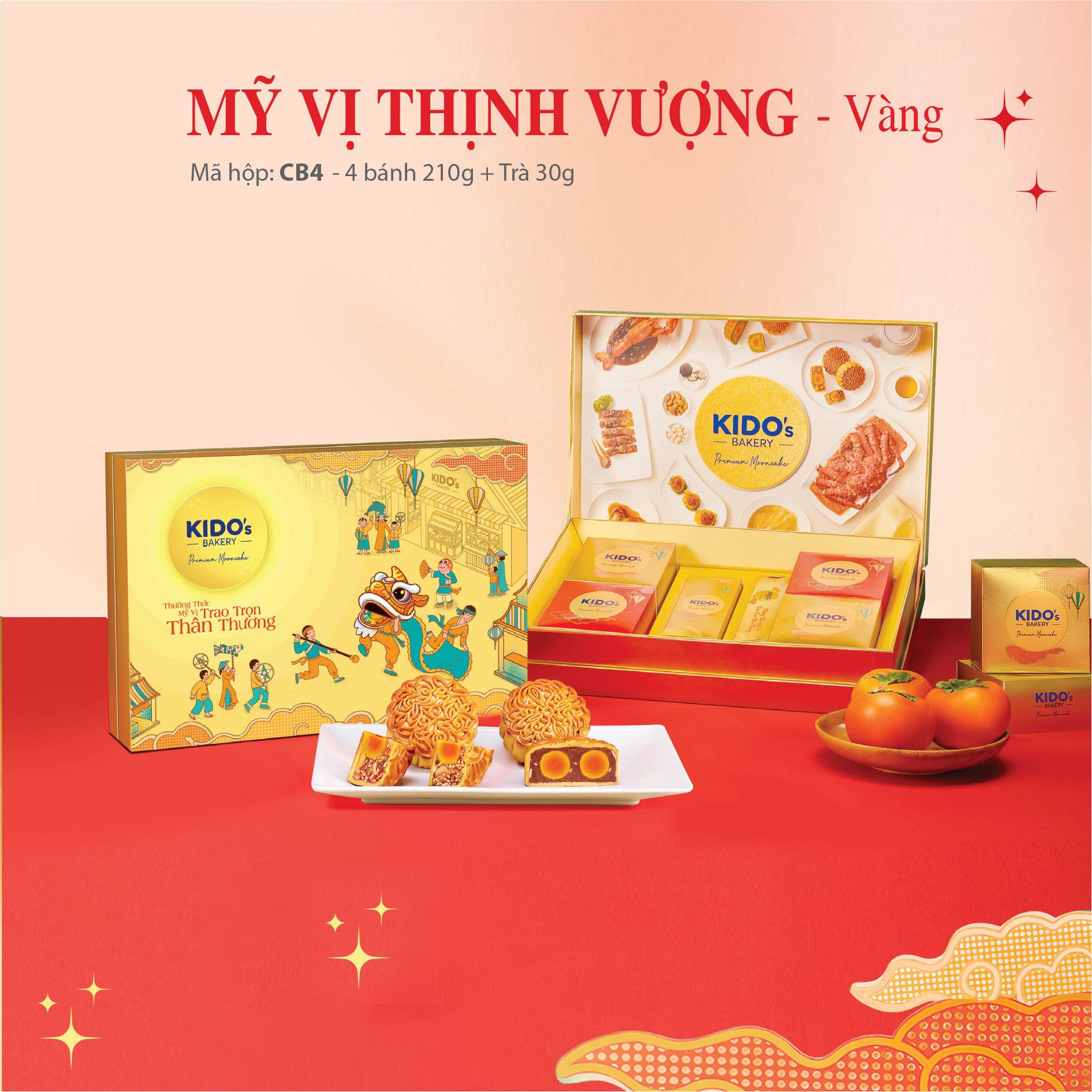 Hộp 4 B&aacute;nh Trung Thu Kido Mỹ Vị Thịnh Vượng V&agrave;ng (CB4)