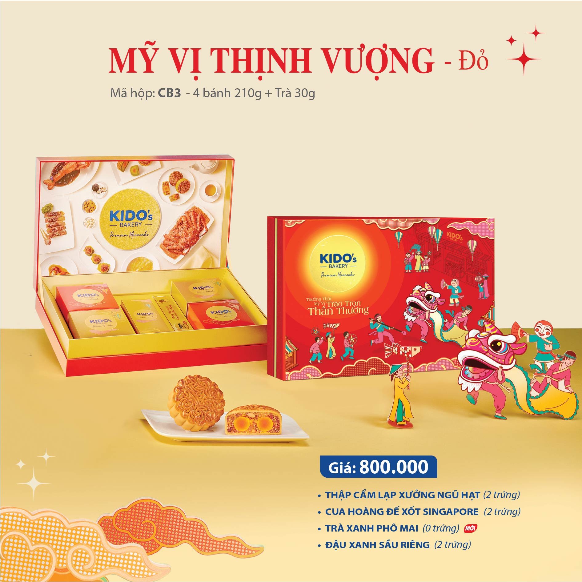 Hộp 4 B&aacute;nh Trung Thu Kido Mỹ Vị Thịnh Vượng Đỏ (CB3)