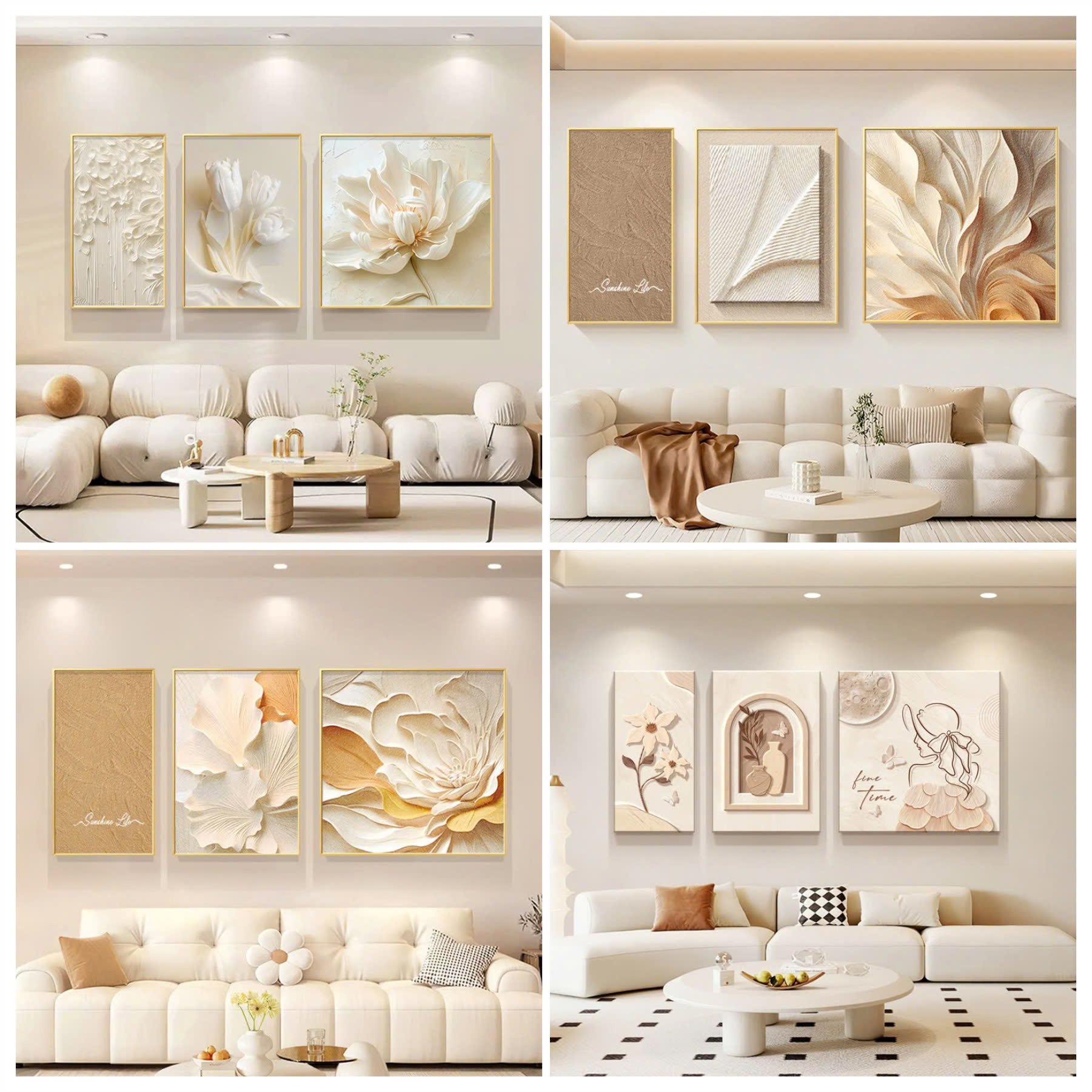 Tranh Canvas Treo Tường Bộ 3 Tấm Cô Gái Và Hoa Nghệ Thuật