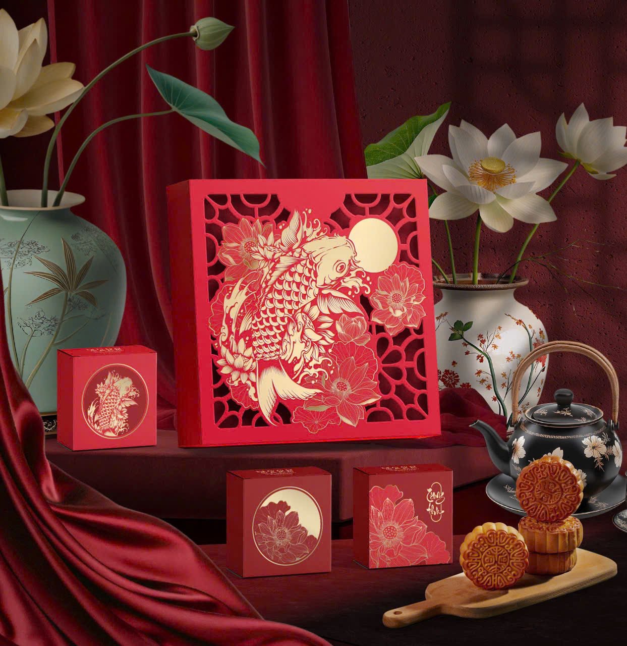 Hộp 4 B&aacute;nh Trung Thu T&acirc;n D&acirc;n Lợi Ngư Hoa Minh Nguyệt