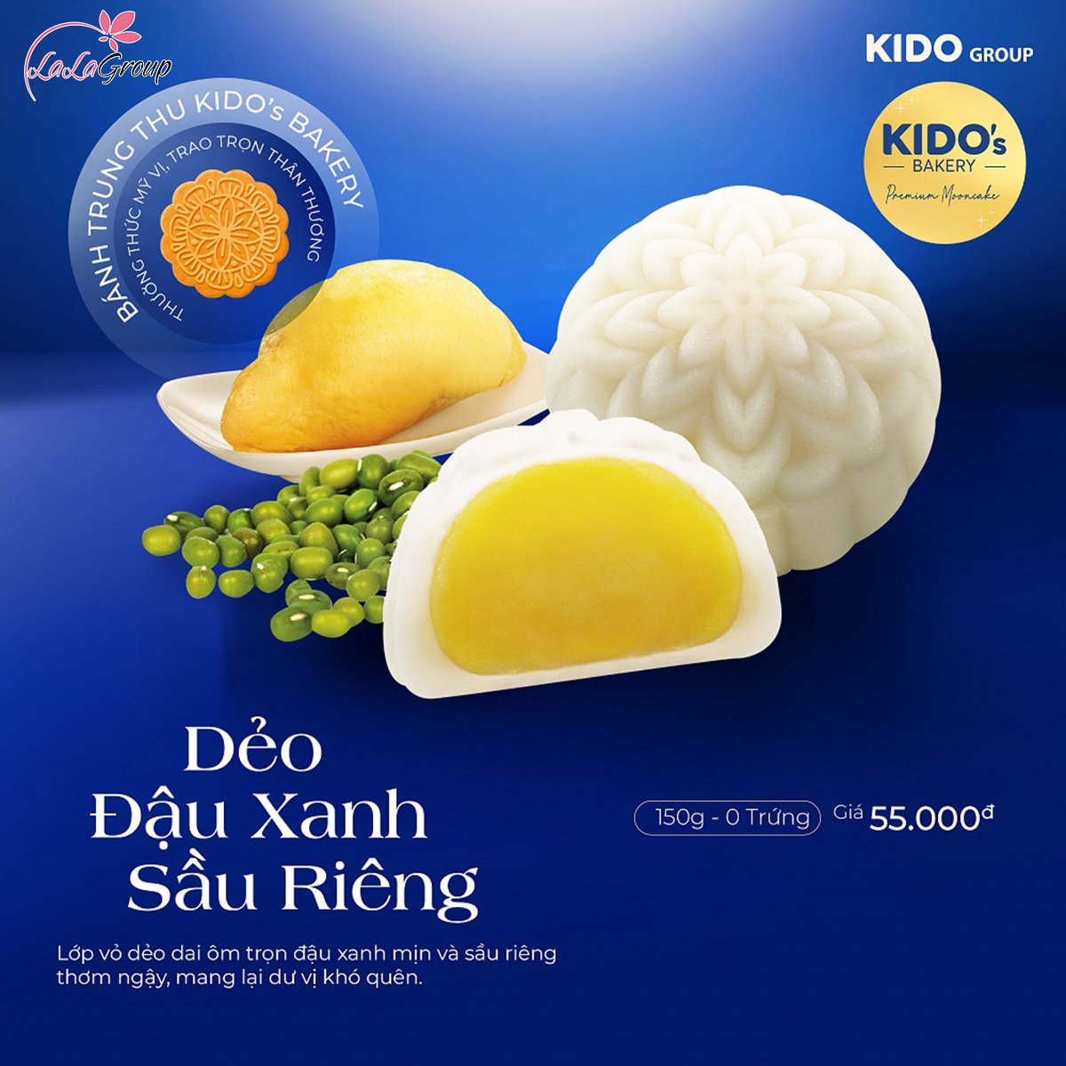 B&aacute;nh Trung Thu Kido Dẻo Đậu Xanh Sầu Ri&ecirc;ng 0 trứng 150gr (DSR)
