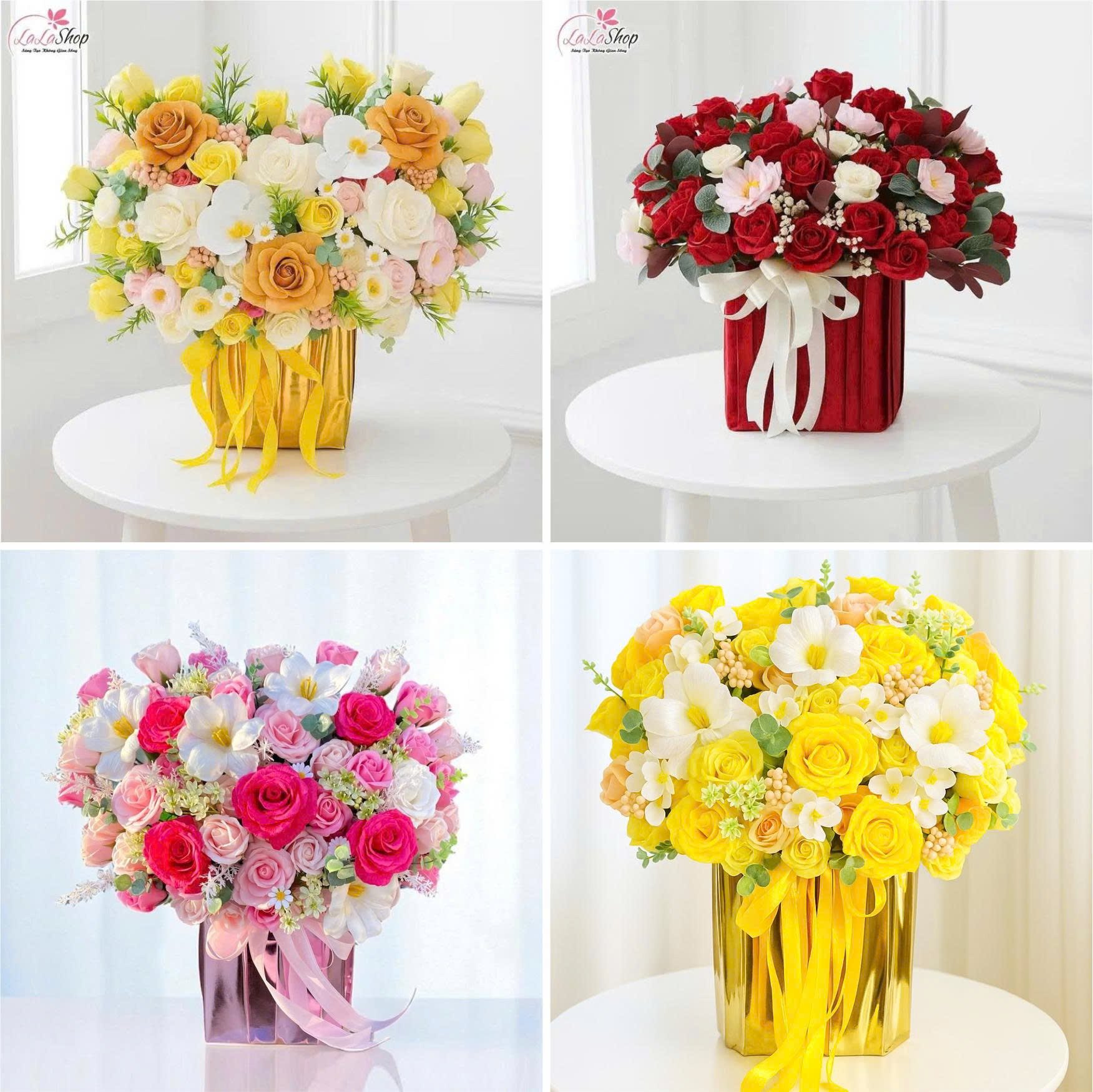 Lẵng hoa sáp thơm để bàn sắc vàng sắc đỏ nồng nàng quà tặng kỷ niệm đẹp