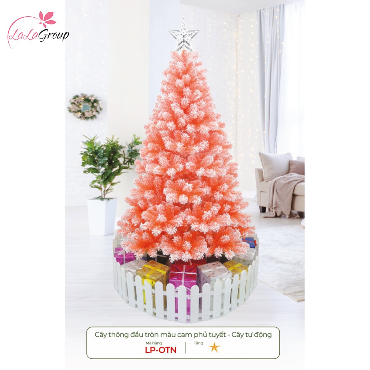 Cây Thông Đầu Tròn Màu Cam Phủ Tuyết - Cây Tự Động