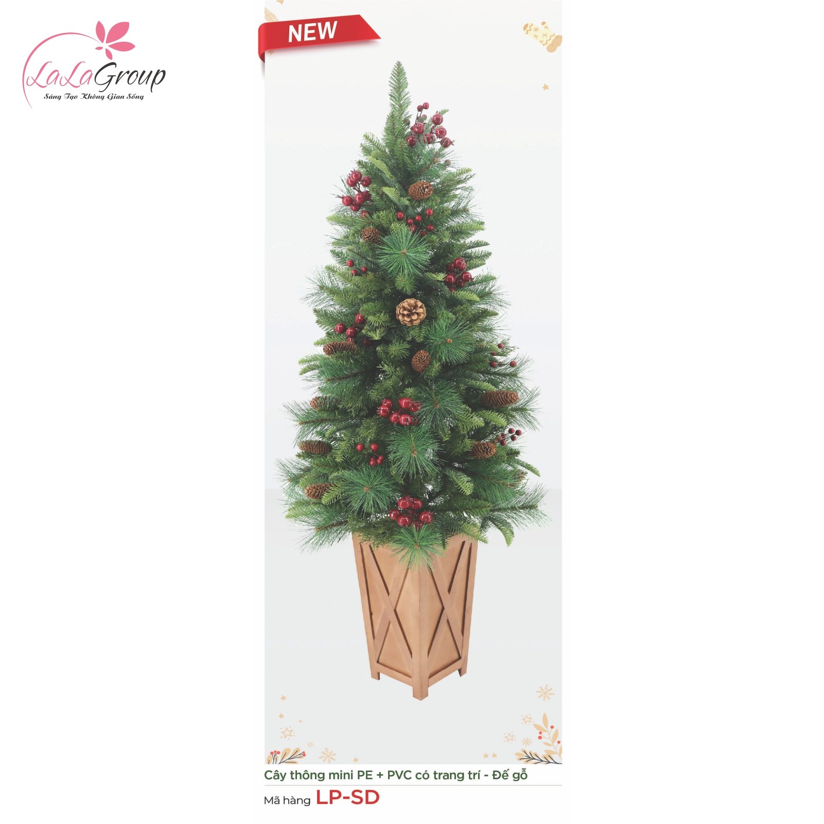 C&acirc;y th&ocirc;ng mini PE PVC c&oacute; trang tr&iacute; đế gỗ