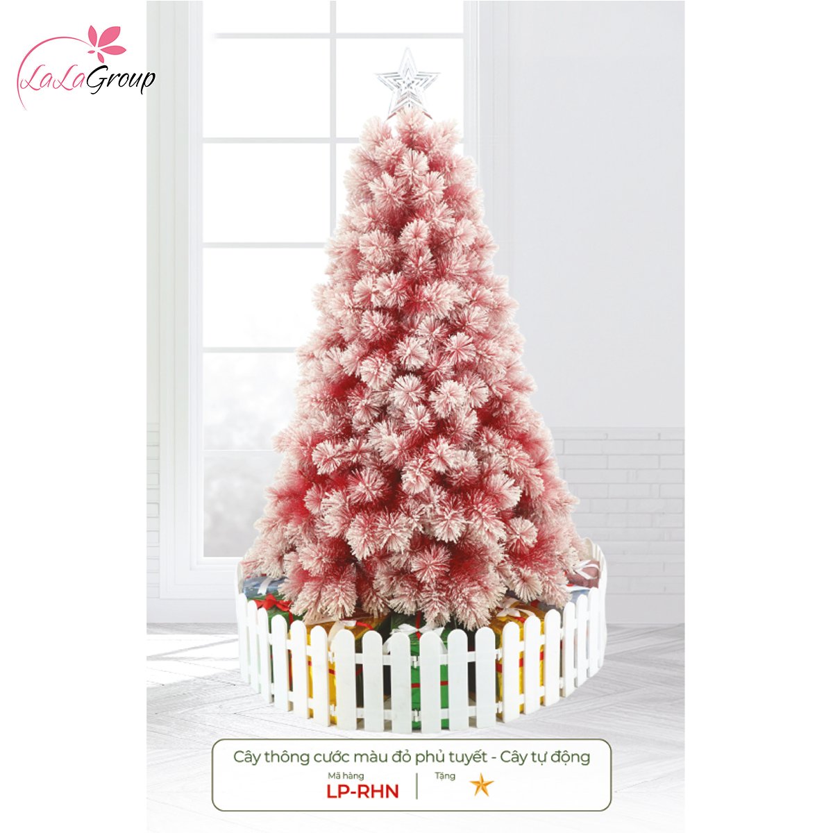 Cây thông noel cước màu đỏ phủ tuyết - Cây tự động