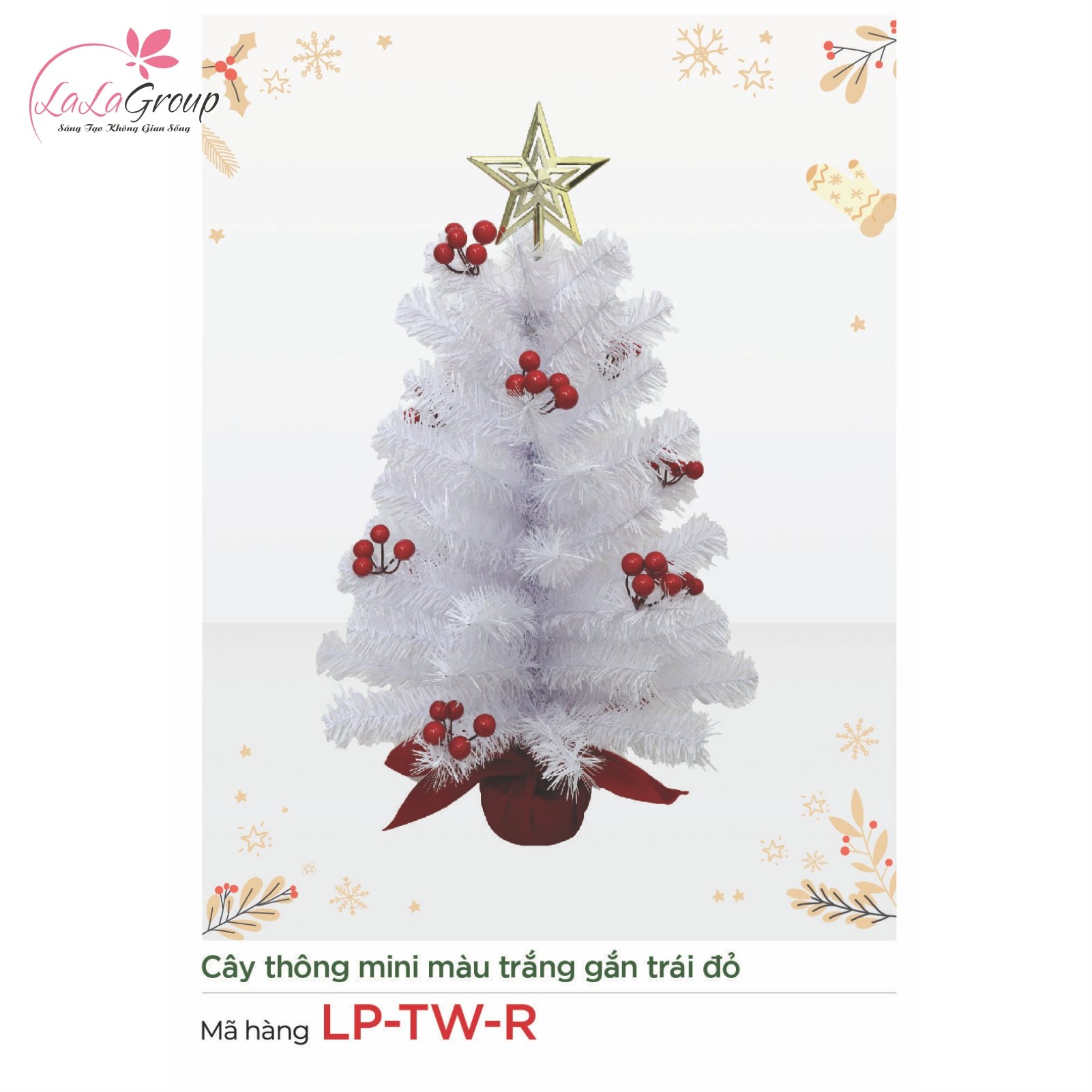 C&acirc;y th&ocirc;ng mini m&agrave;u trắng gắn tr&aacute;i đỏ