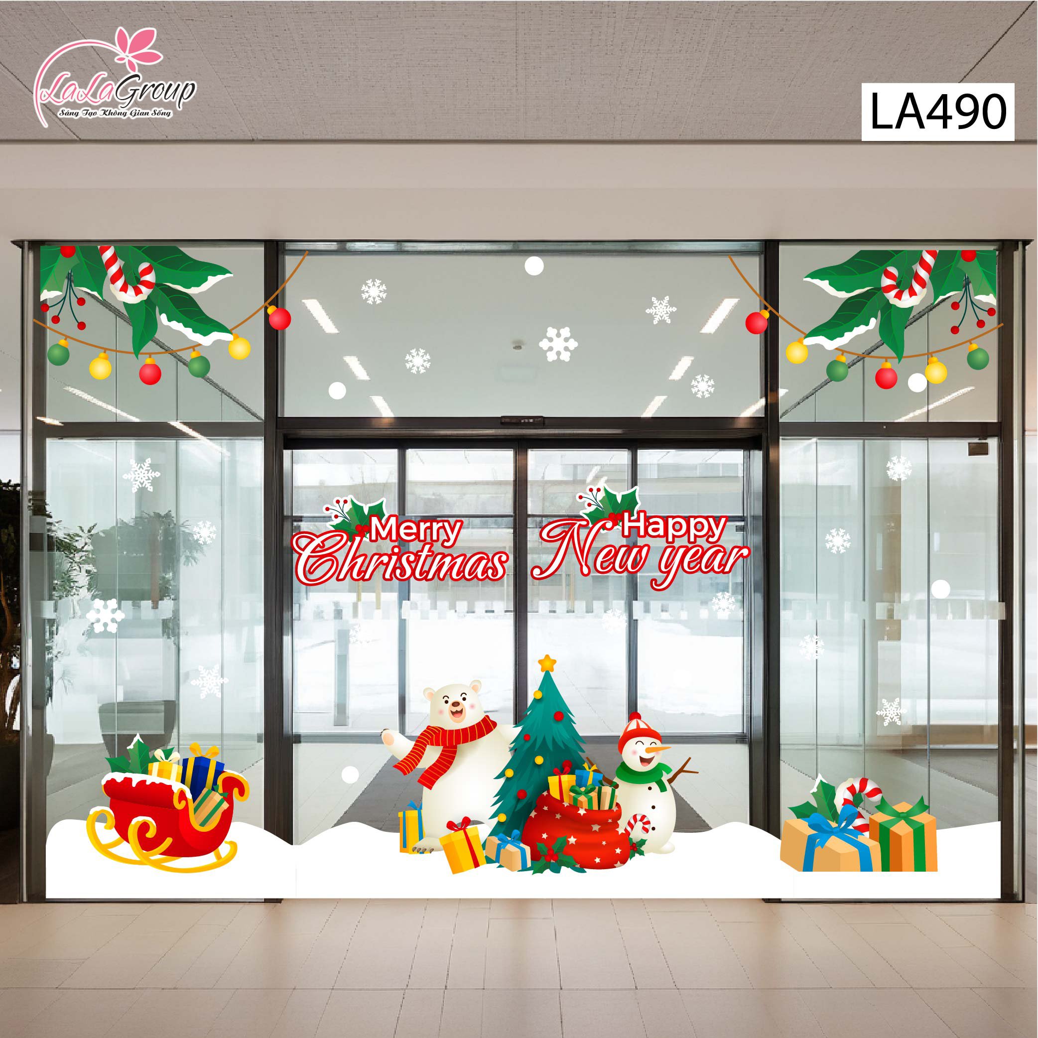 Combo Decal Trang Trí Noel Gấu Trắng Và Người Tuyết Vui Vẻ Bên Cây Thông Xanh