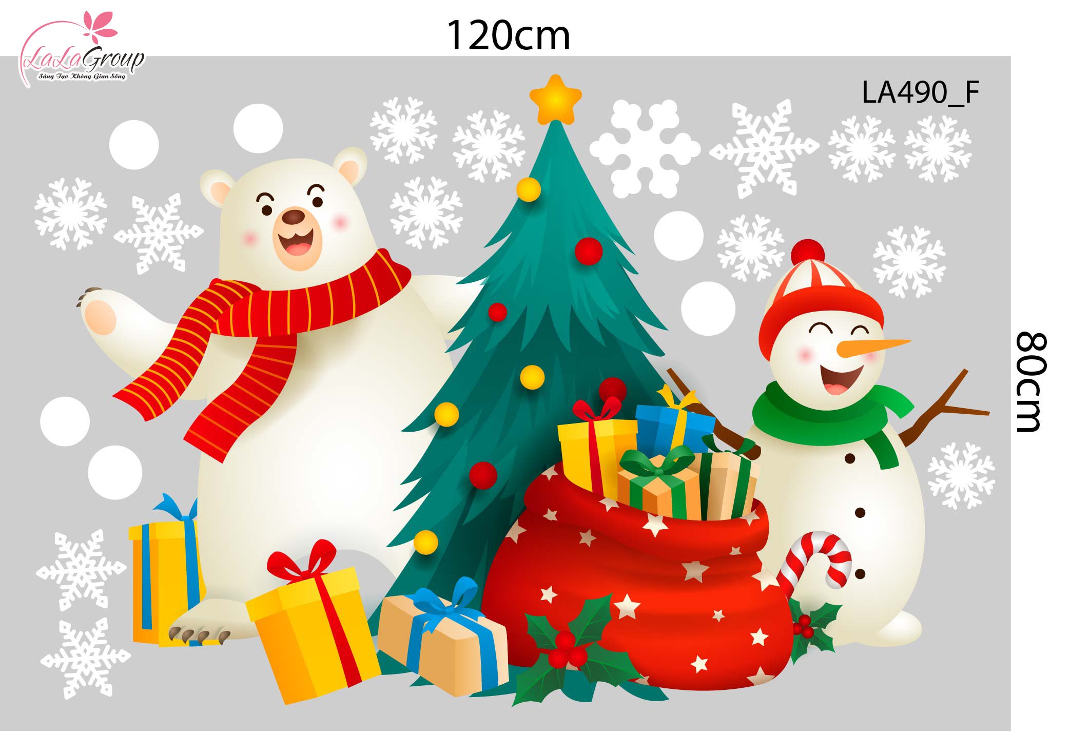 Combo Decal Trang Trí Noel Gấu Trắng Và Người Tuyết Vui Vẻ Bên Cây Thông Xanh