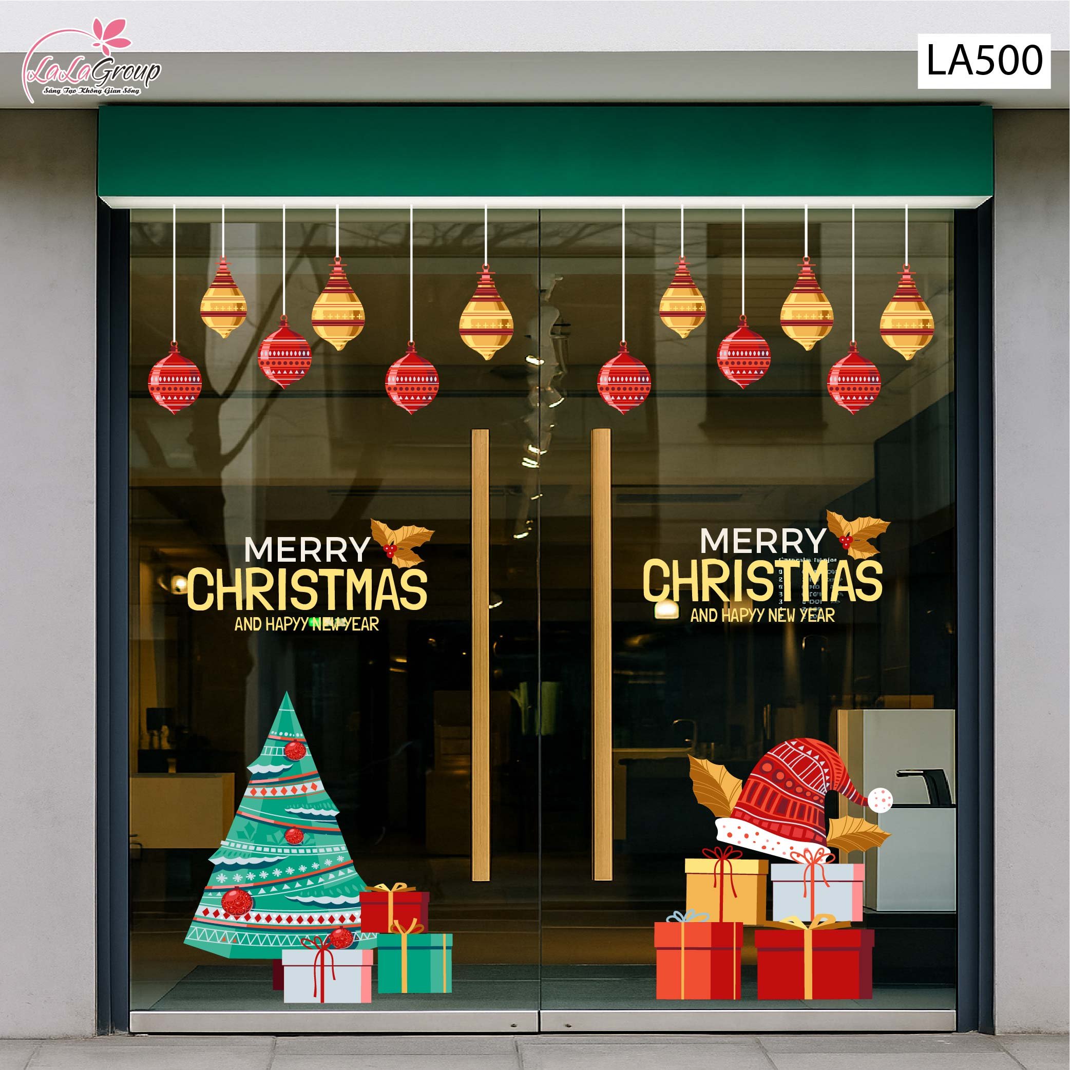 Combo Decal Trang Tr&iacute; Noel C&acirc;y Th&ocirc;ng Xanh V&agrave; Những Phần Qu&agrave; Lung Linh