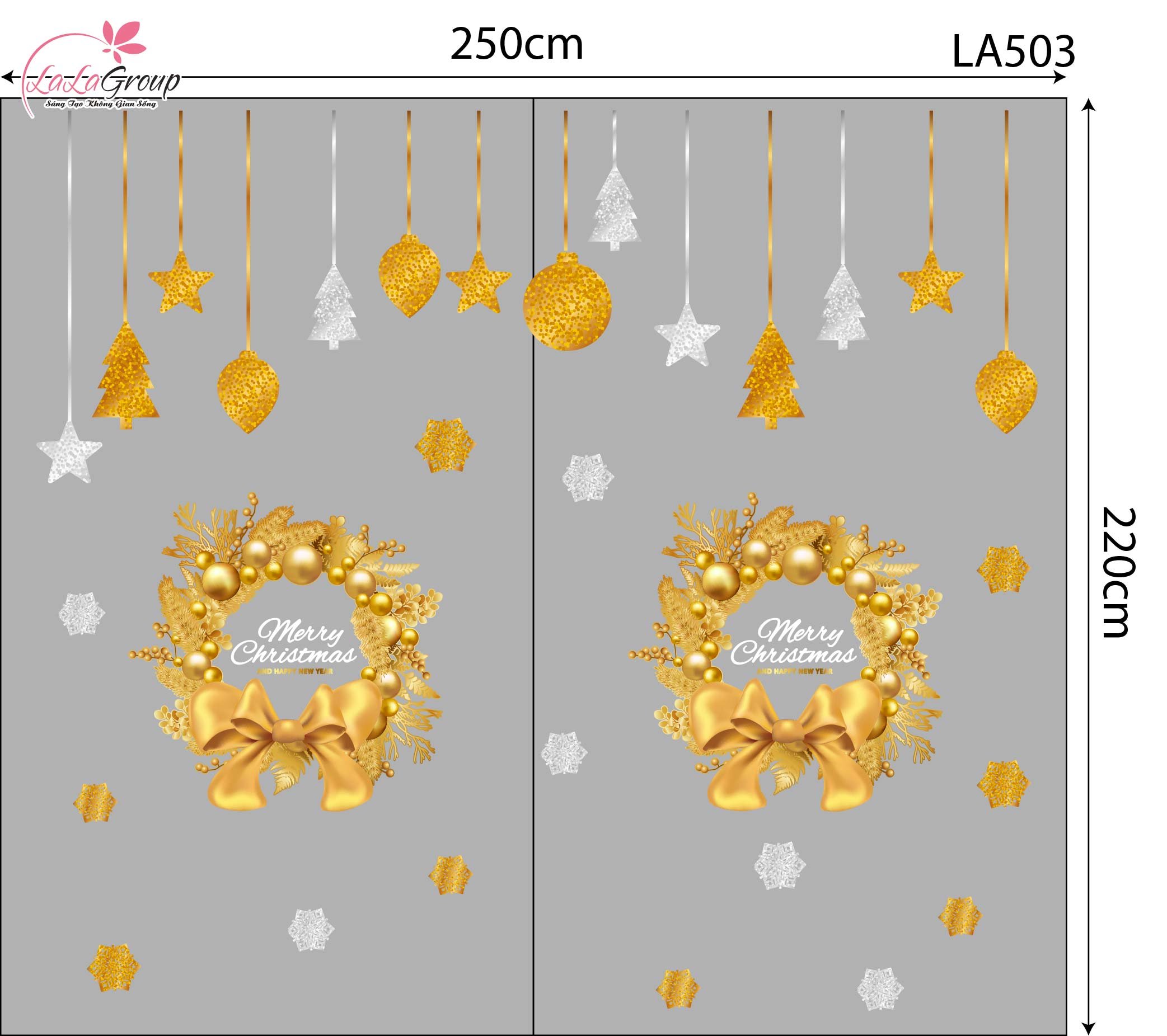 Combo Decal Trang Trí Noel Vòng Nguyệt Quế Và Những Quả Châu Vàng Lung Linh