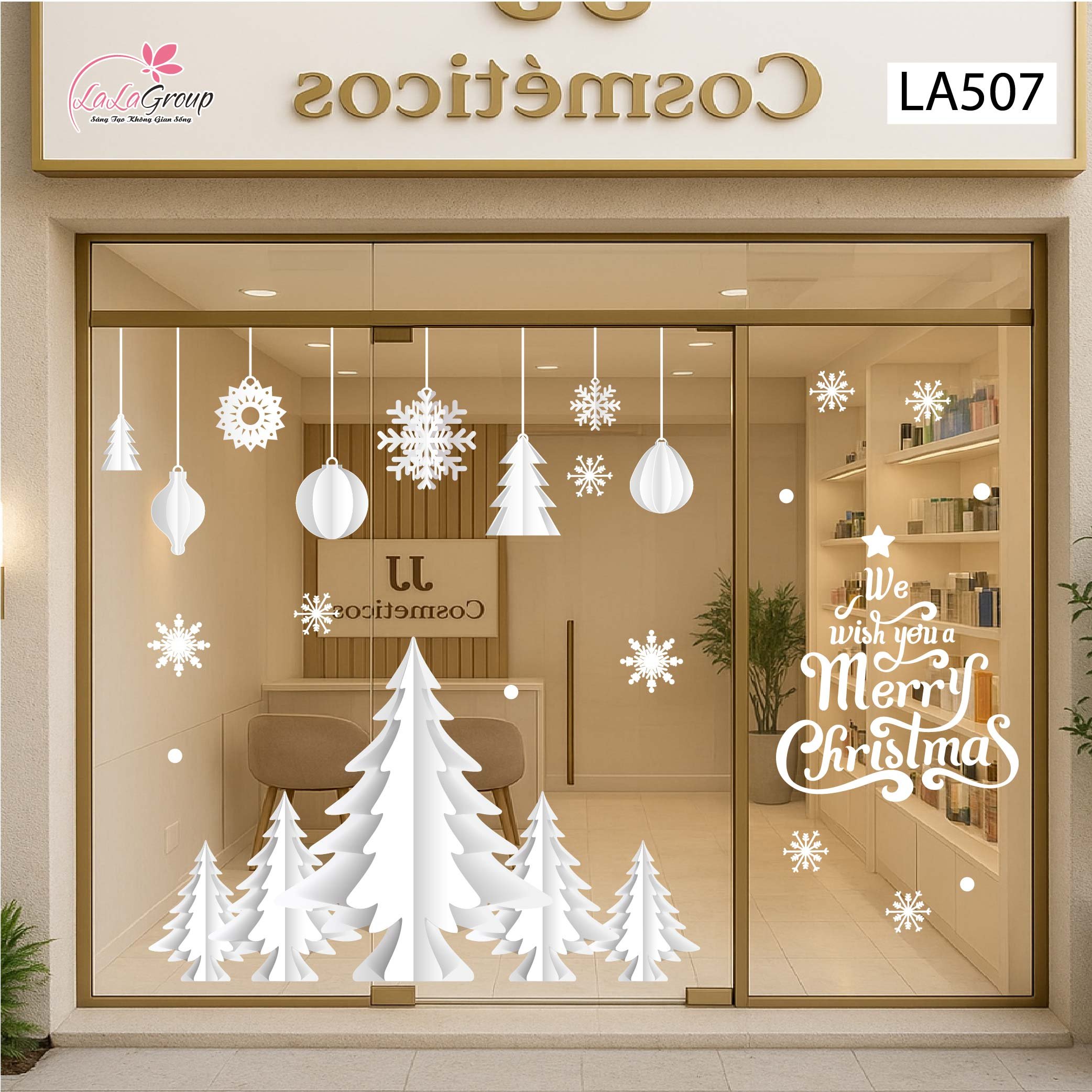 Combo Decal Trang Tr&iacute; Noel C&acirc;y Th&ocirc;ng Tuyết V&agrave; Những Quả Ch&acirc;u Pha L&ecirc; Xinh Xắn