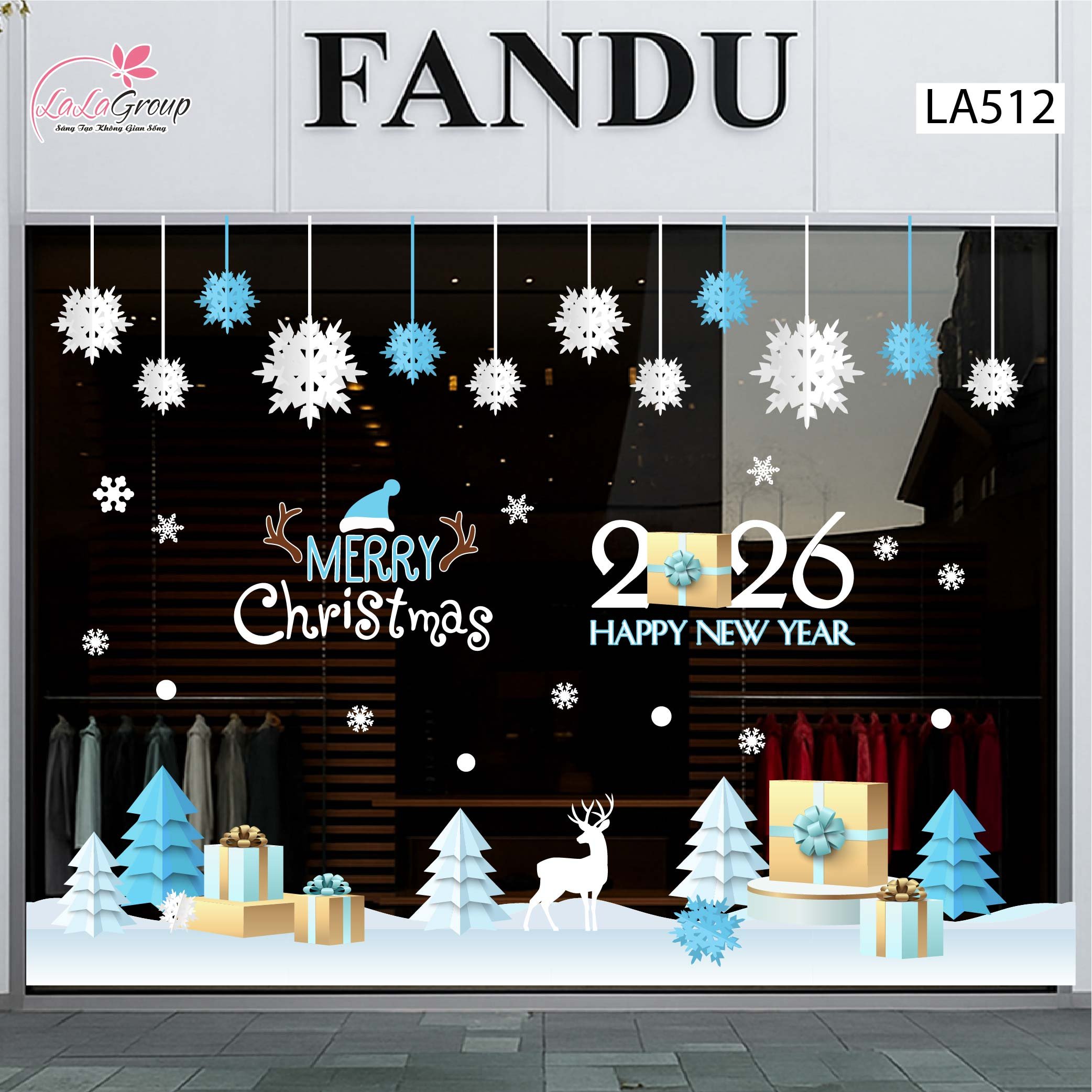 Combo Decal Trang Tr&iacute; Noel C&acirc;y Th&ocirc;ng Xanh V&agrave; Những B&ocirc;ng Tuyết Trắng