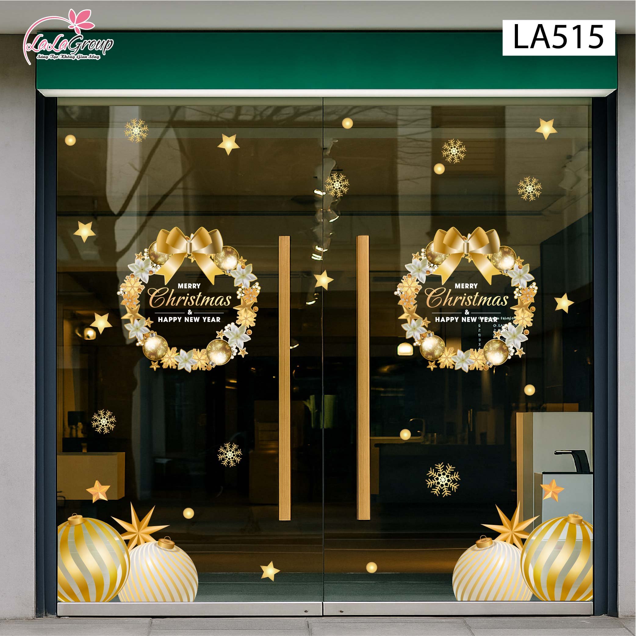 Combo Decal Trang Tr&iacute; Noel V&ograve;ng Nguyệt Quế V&agrave; Những Quả Ch&acirc;u V&agrave;ng Lấp L&aacute;nh