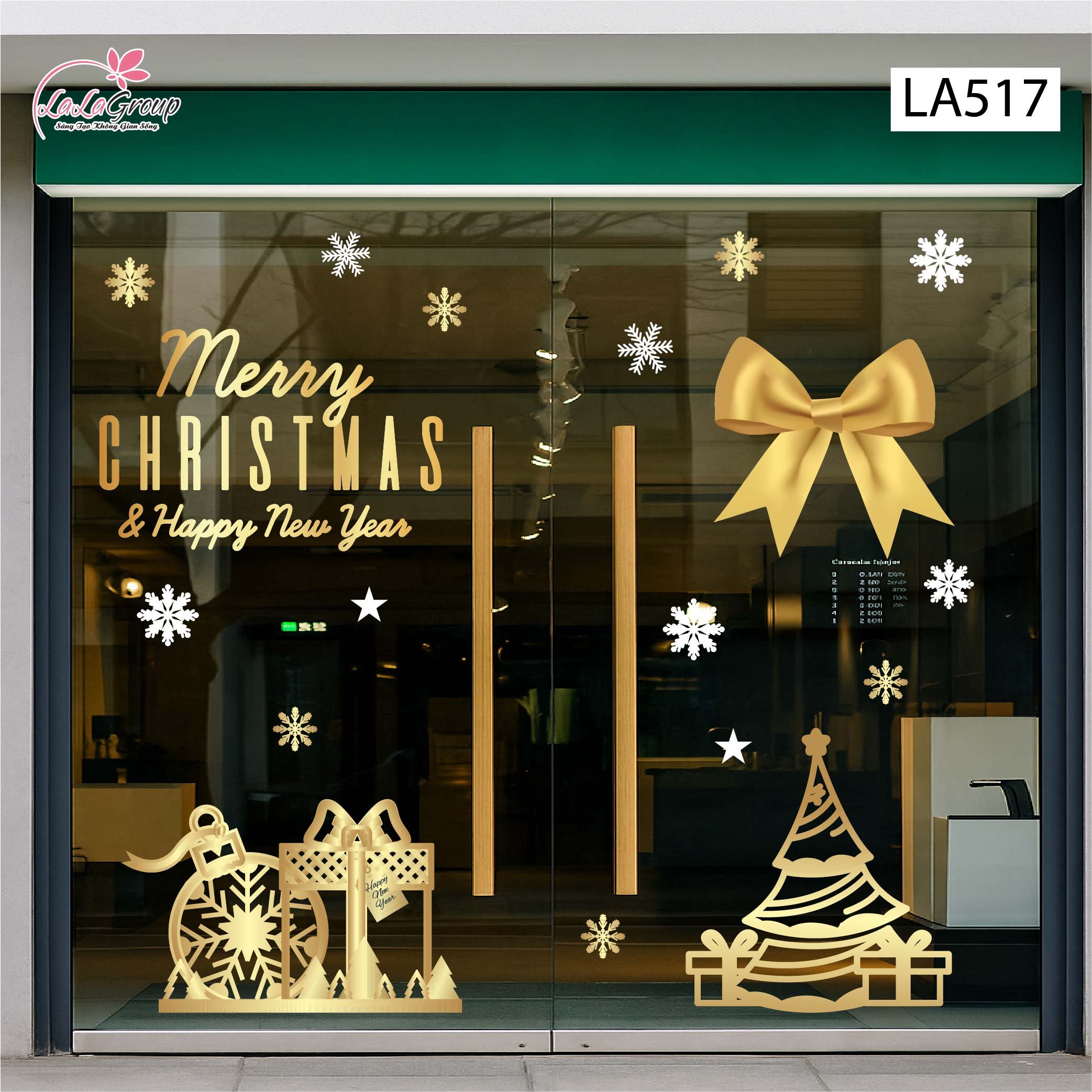 Combo Decal Trang Tr&iacute; Noel Nơ V&agrave; C&acirc;y Th&ocirc;ng V&agrave;ng Lung Linh