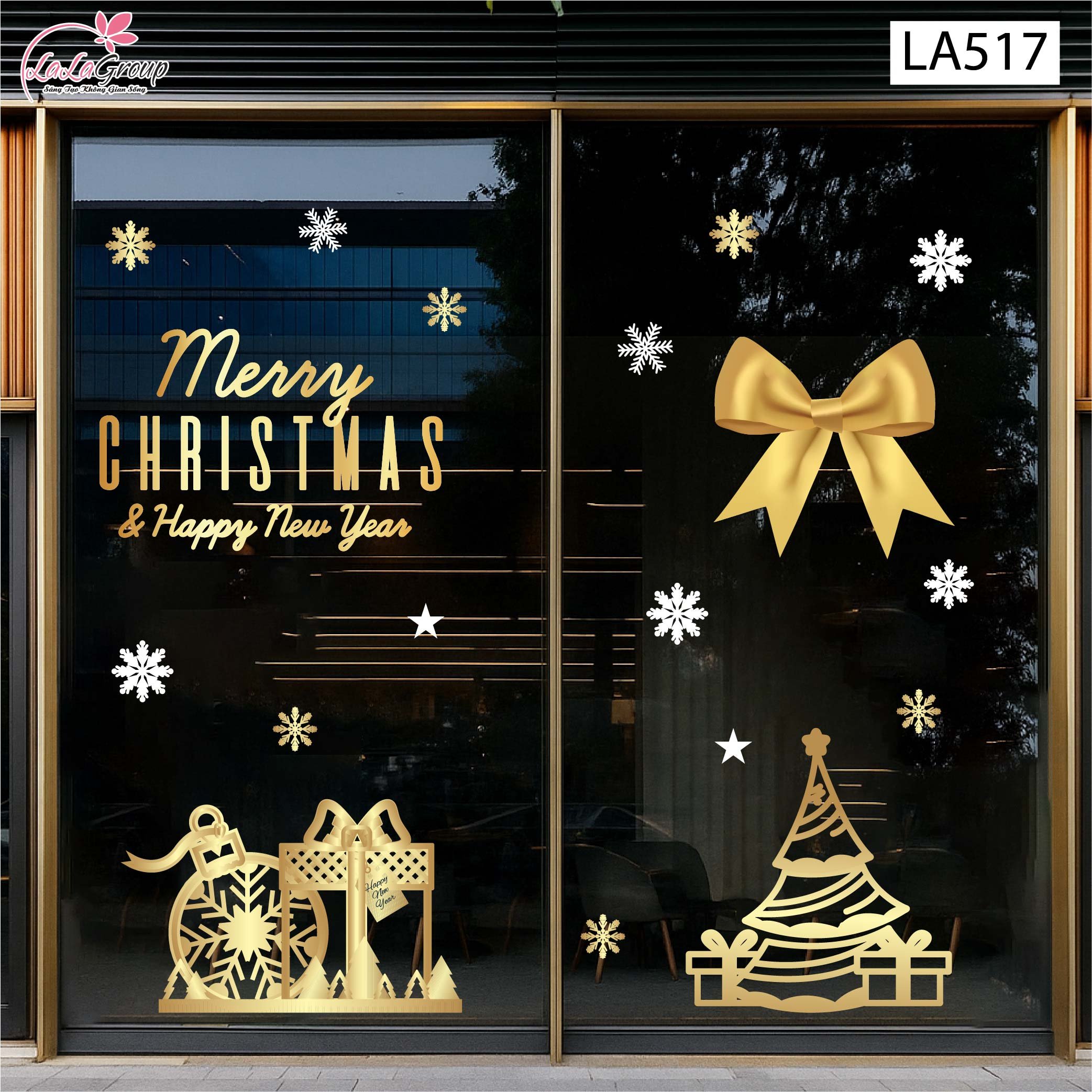 Combo Decal Trang Tr&iacute; Noel Nơ V&agrave; C&acirc;y Th&ocirc;ng V&agrave;ng Lung Linh