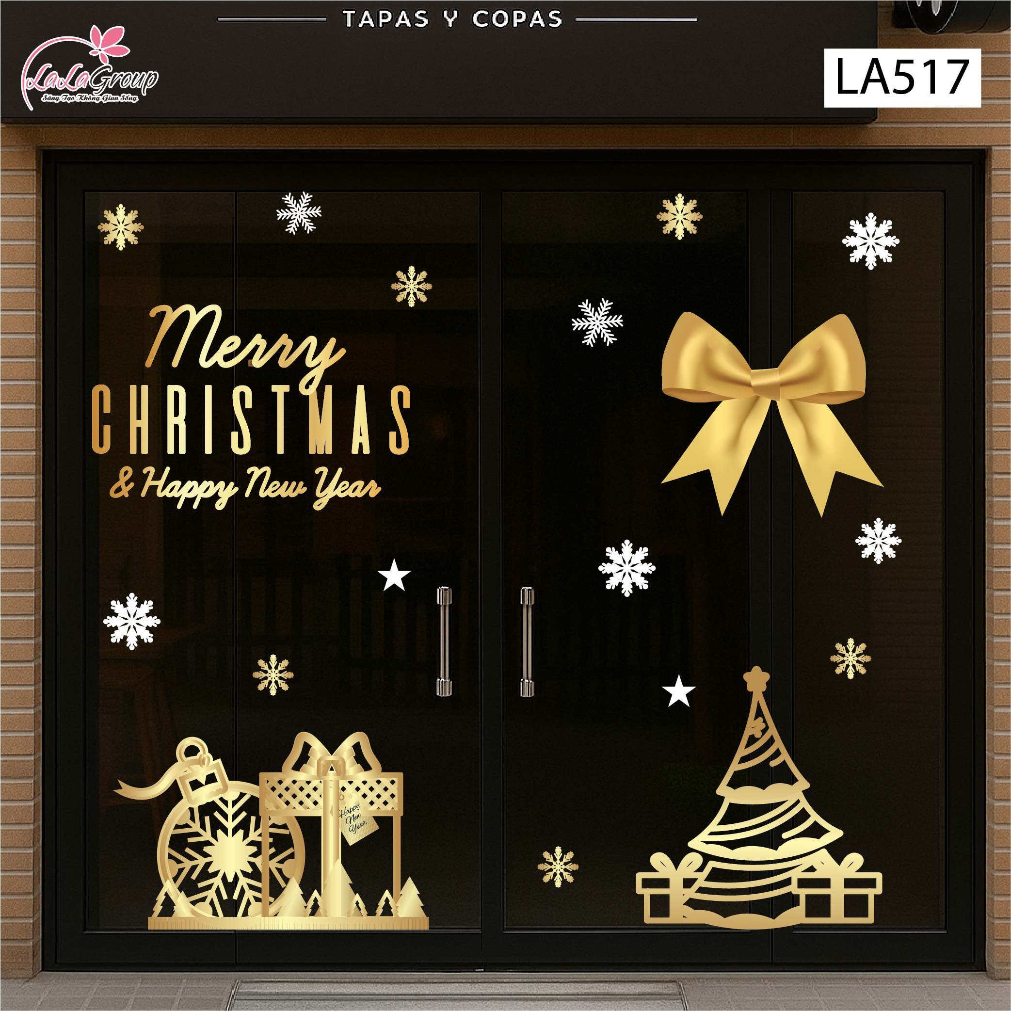 Combo Decal Trang Tr&iacute; Noel Nơ V&agrave; C&acirc;y Th&ocirc;ng V&agrave;ng Lung Linh