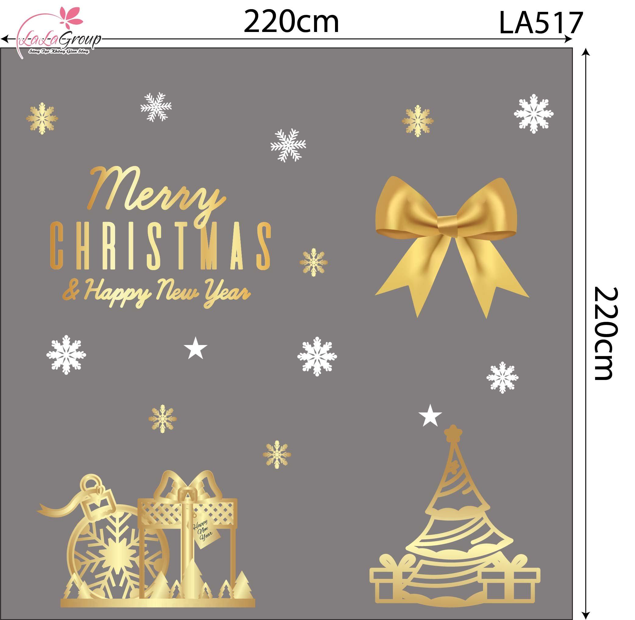 Combo Decal Trang Tr&iacute; Noel Nơ V&agrave; C&acirc;y Th&ocirc;ng V&agrave;ng Lung Linh