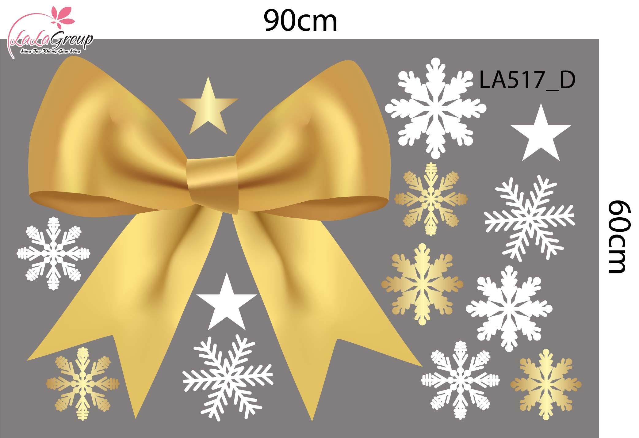 Combo Decal Trang Tr&iacute; Noel Nơ V&agrave; C&acirc;y Th&ocirc;ng V&agrave;ng Lung Linh