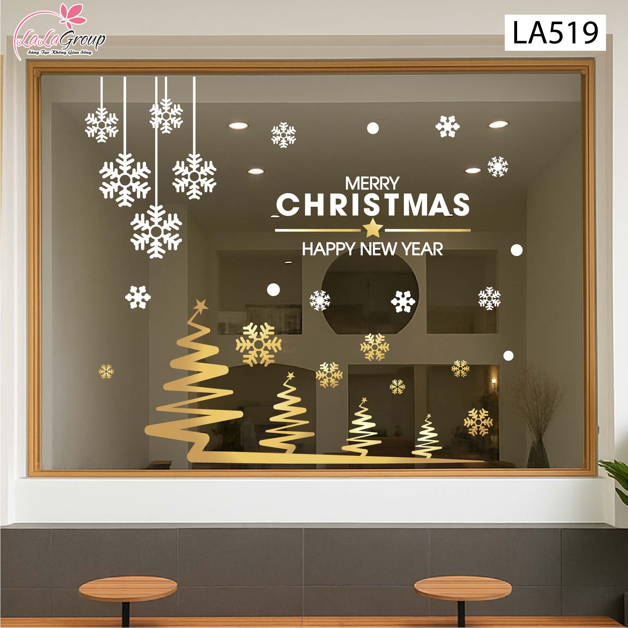 Combo Decal Trang Tr&iacute; Noel C&acirc;y Th&ocirc;ng V&agrave;ng V&agrave; Những B&ocirc;ng Tuyết Trắng