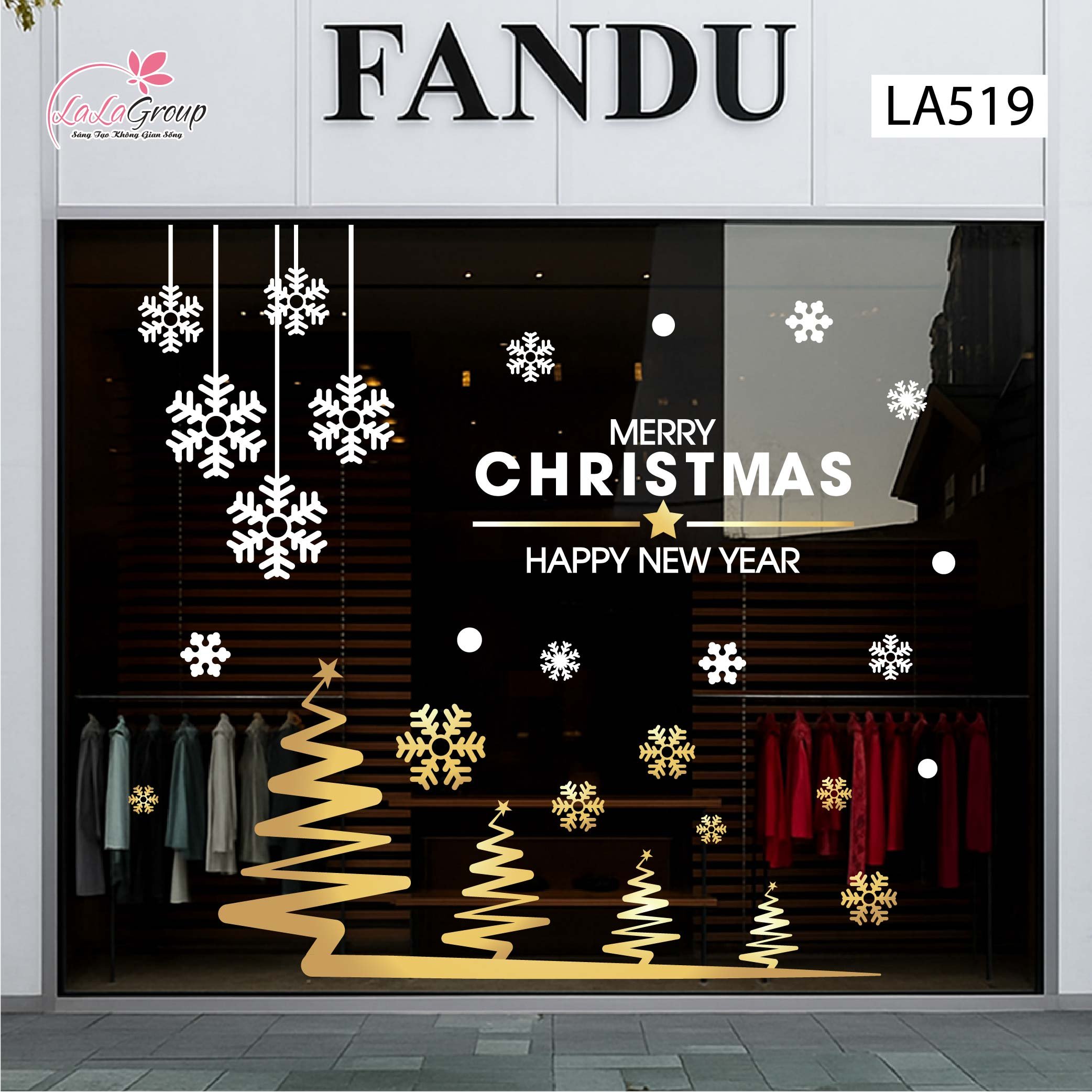 Combo Decal Trang Tr&iacute; Noel C&acirc;y Th&ocirc;ng V&agrave;ng V&agrave; Những B&ocirc;ng Tuyết Trắng