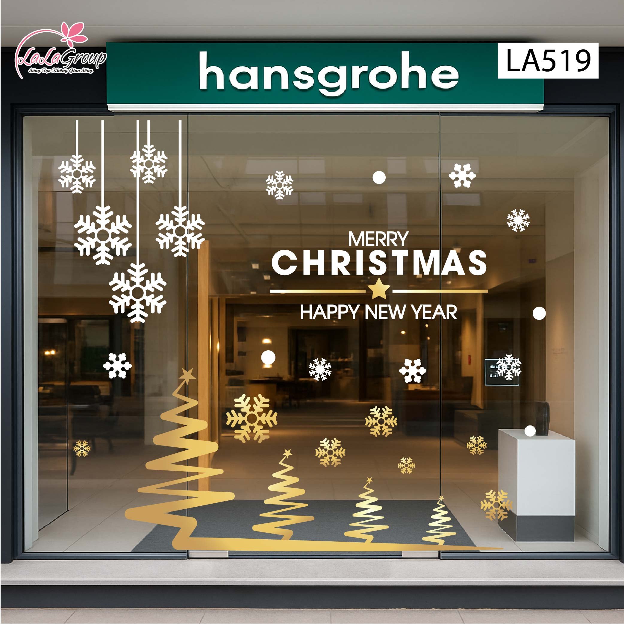 Combo Decal Trang Tr&iacute; Noel C&acirc;y Th&ocirc;ng V&agrave;ng V&agrave; Những B&ocirc;ng Tuyết Trắng