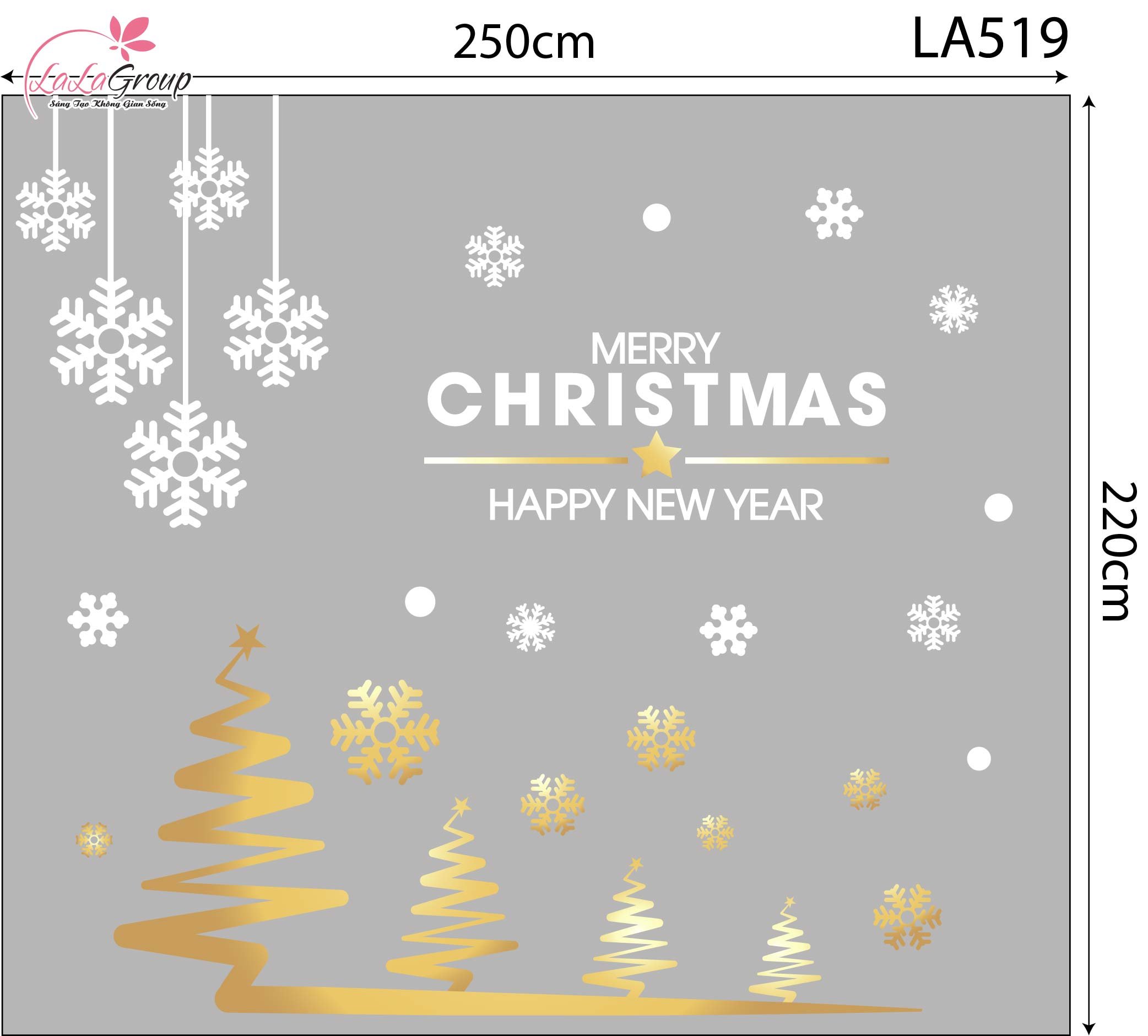 Combo Decal Trang Tr&iacute; Noel C&acirc;y Th&ocirc;ng V&agrave;ng V&agrave; Những B&ocirc;ng Tuyết Trắng