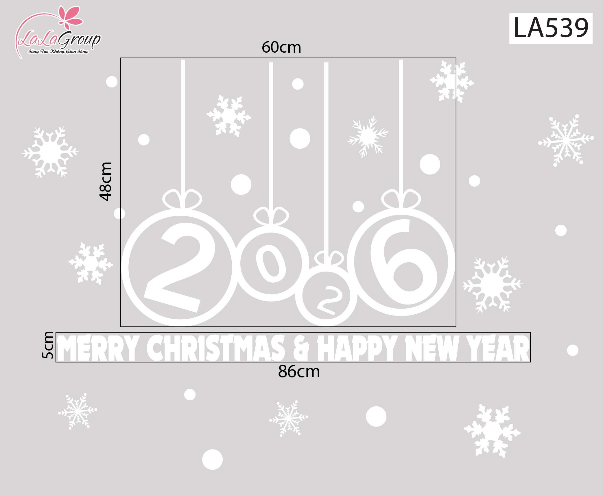 Decal trang trí Noel Merry christmas & Happy new year 2026 chữ trắng