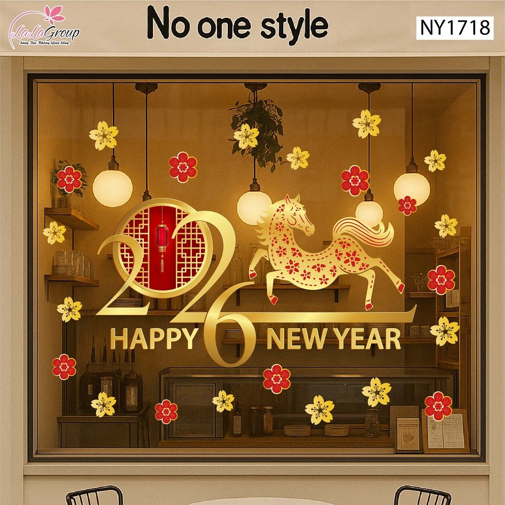 Decal trang tr&iacute; tết B&iacute;nh Ngọ v&agrave; mai v&agrave;ng t&agrave;i lộc