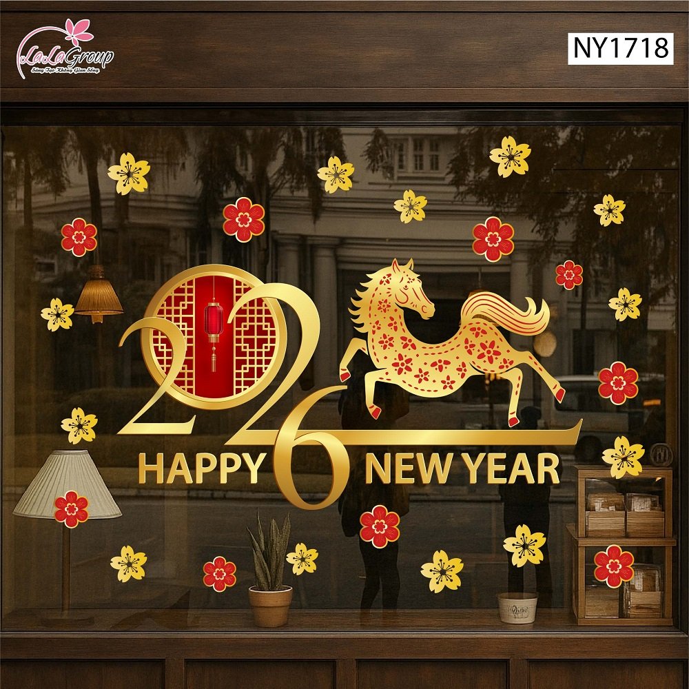 Decal trang tr&iacute; tết B&iacute;nh Ngọ v&agrave; mai v&agrave;ng t&agrave;i lộc