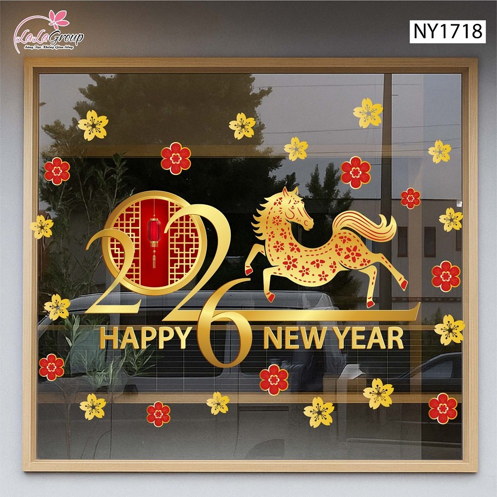 Decal trang tr&iacute; tết B&iacute;nh Ngọ v&agrave; mai v&agrave;ng t&agrave;i lộc