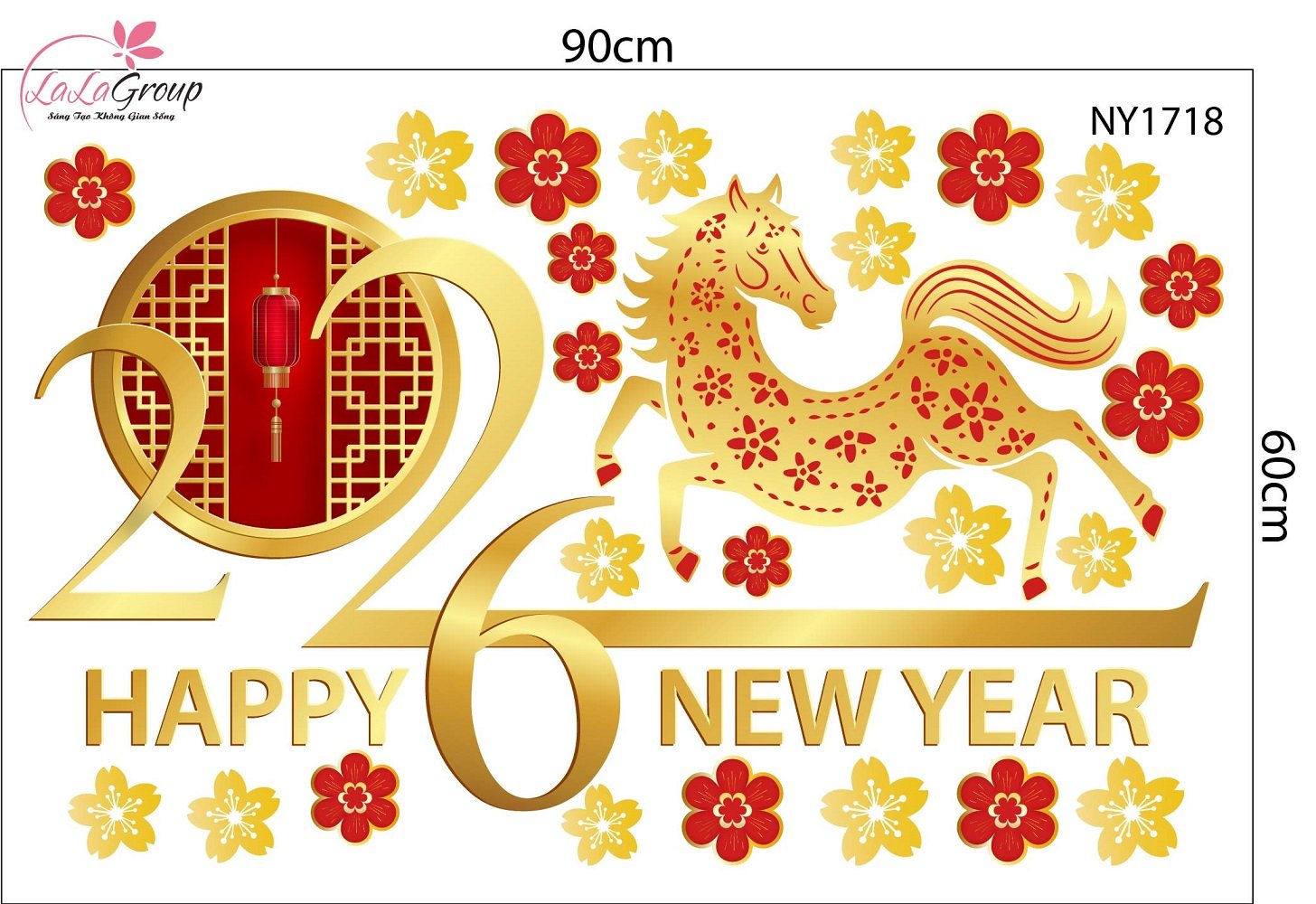 Decal trang tr&iacute; tết B&iacute;nh Ngọ v&agrave; mai v&agrave;ng t&agrave;i lộc