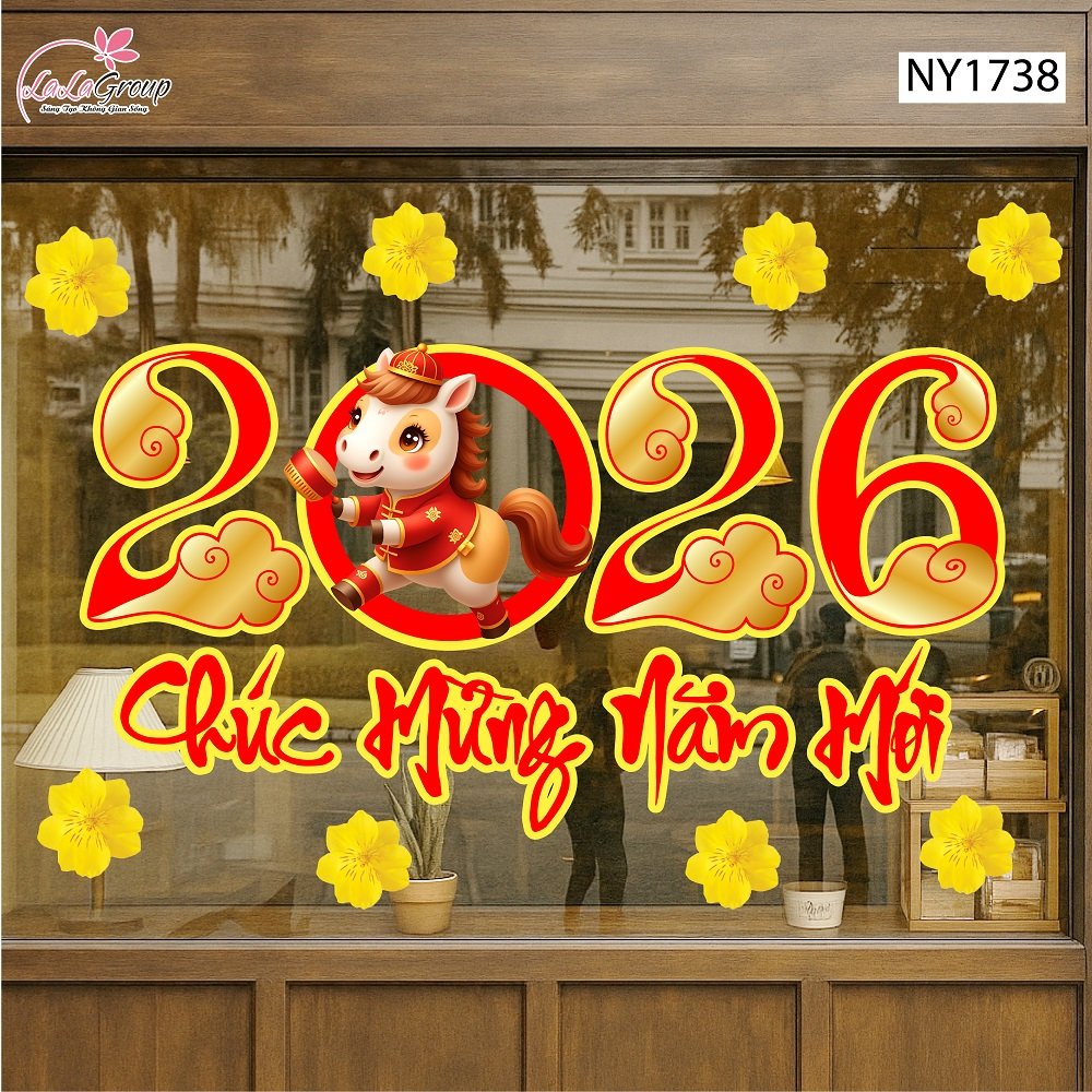 Decal Trang Tr&iacute; Tết Ch&uacute;c Mừng Năm Mới 2026 V&agrave; Mai V&agrave;ng