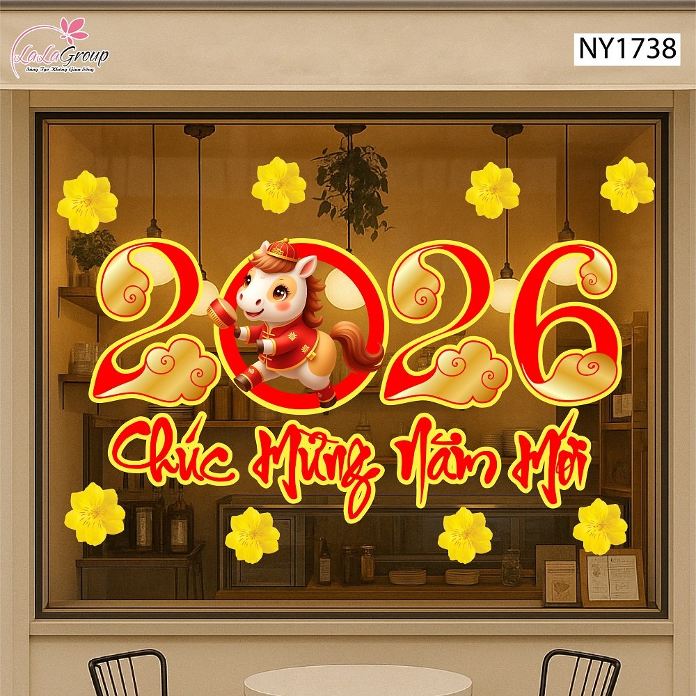 Decal Trang Tr&iacute; Tết Ch&uacute;c Mừng Năm Mới 2026 V&agrave; Mai V&agrave;ng
