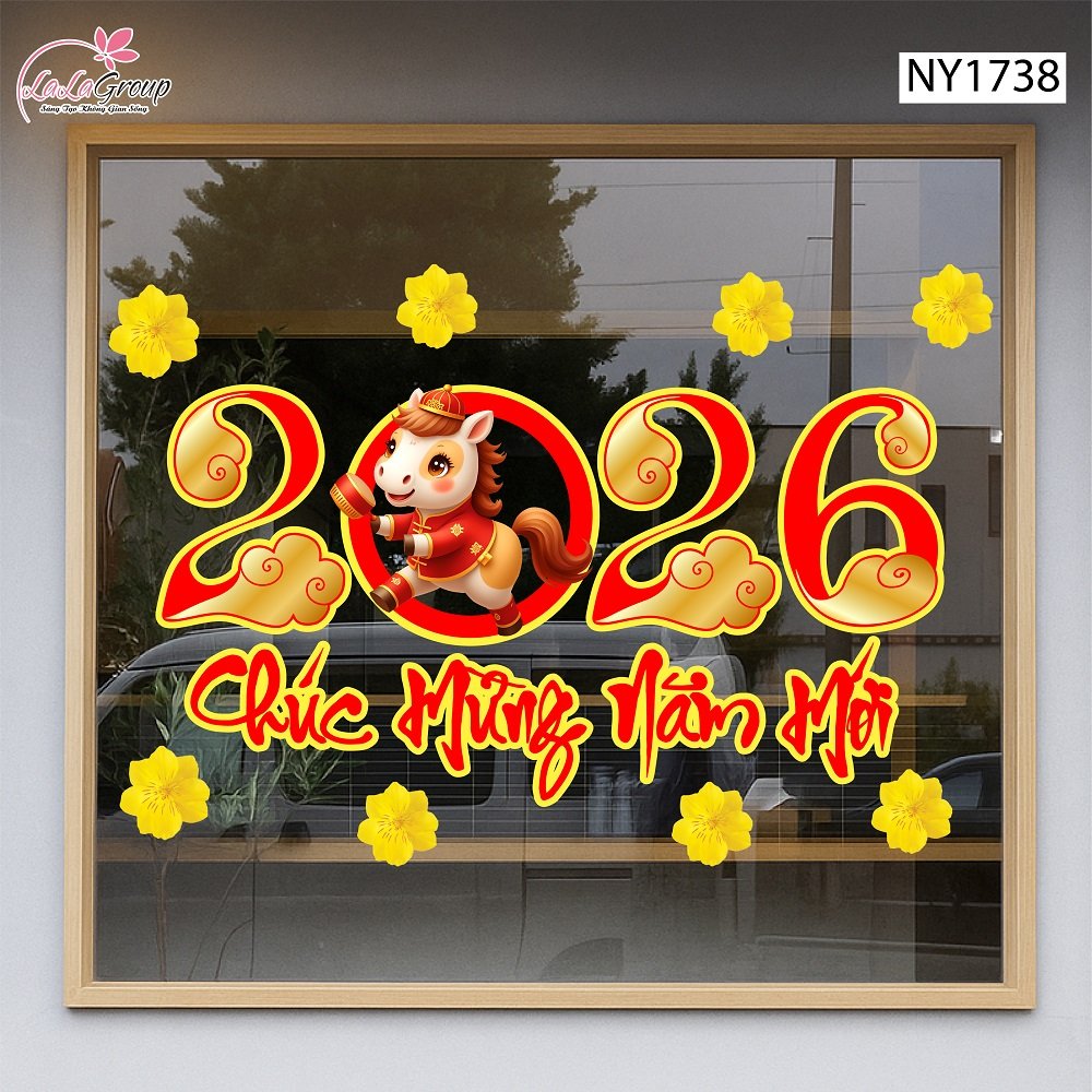 Decal Trang Tr&iacute; Tết Ch&uacute;c Mừng Năm Mới 2026 V&agrave; Mai V&agrave;ng