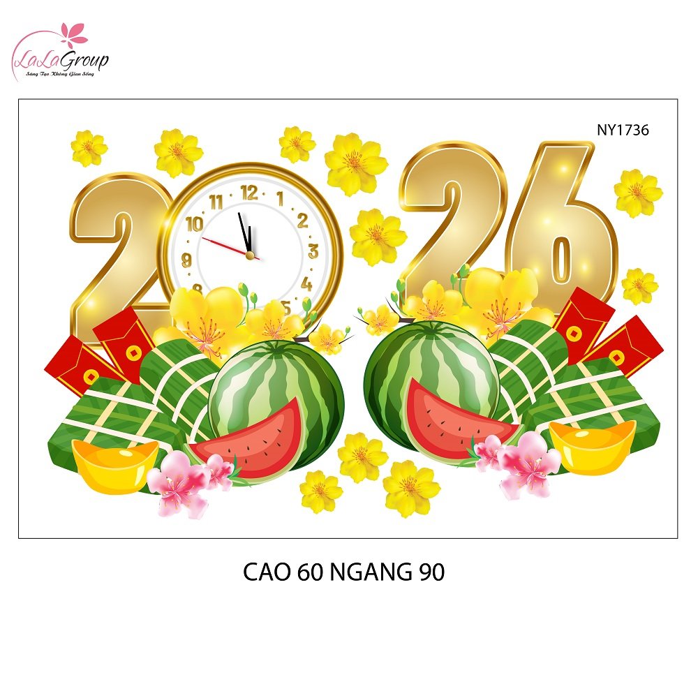 Decal Trang Trí Tết Mừng Xuân Bính Ngọ 2026 Bánh Chưng Xanh Và Dưa Hấu Đỏ