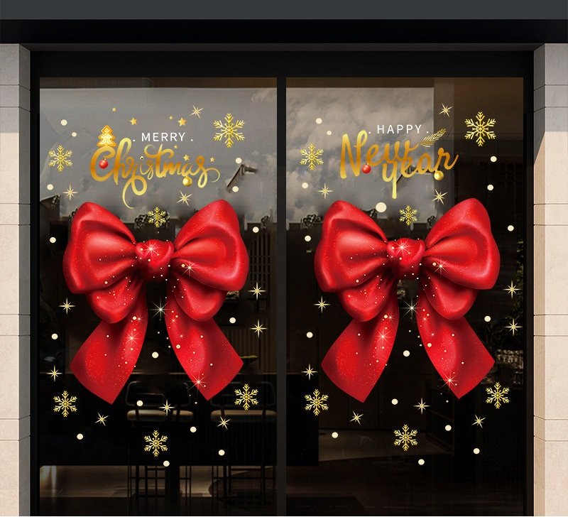 Decal Tĩnh Điện 2 Mặt Trang Trí Noel Nơ Đỏ May Mắn