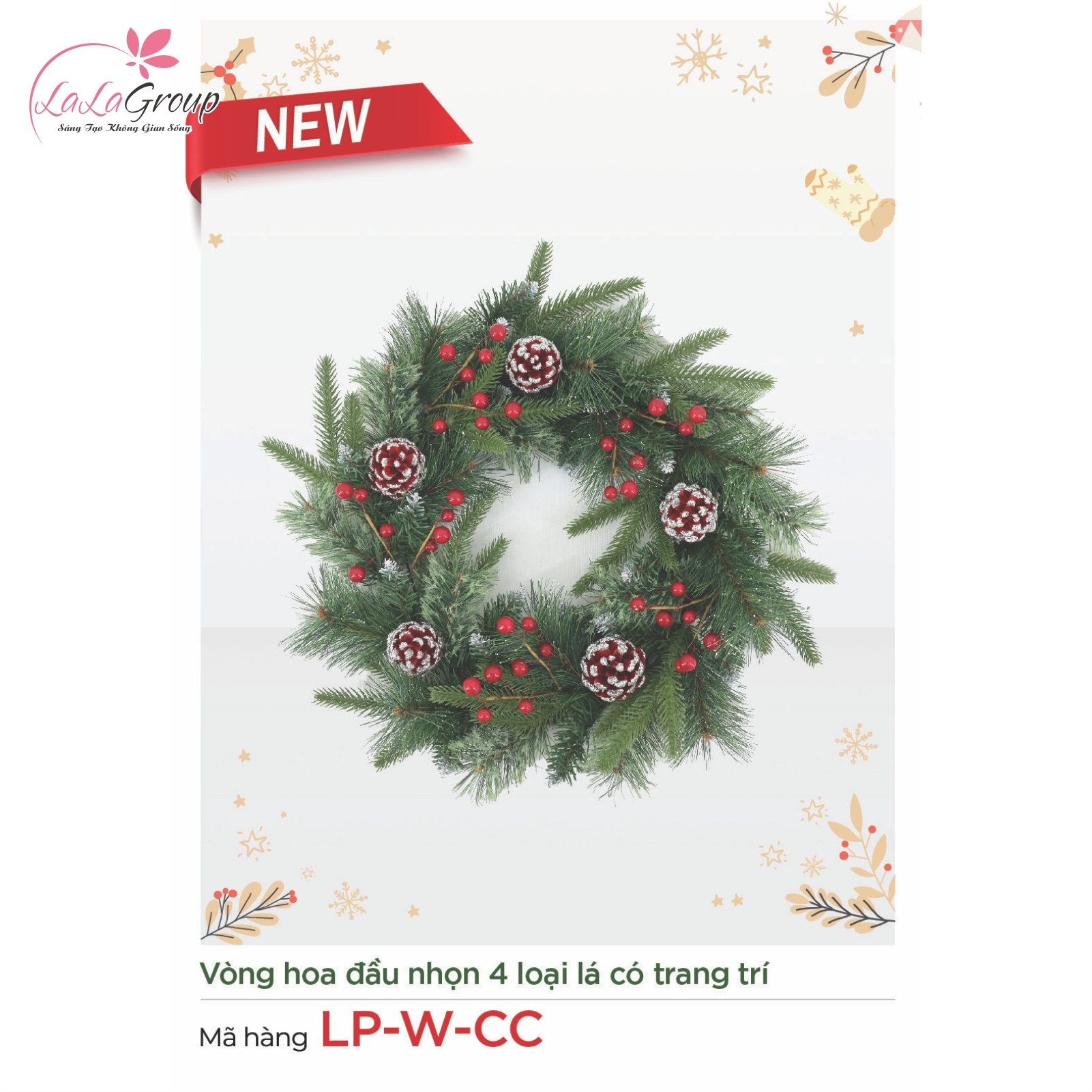 V&ograve;ng hoa đầu nhọn 4 loại l&aacute; c&oacute; trang tr&iacute; noel