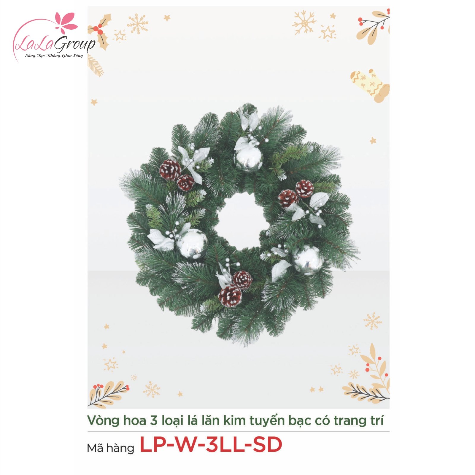 Vòng hoa Noel 3 loại lá lăn kim tuyến bạc có trang trí