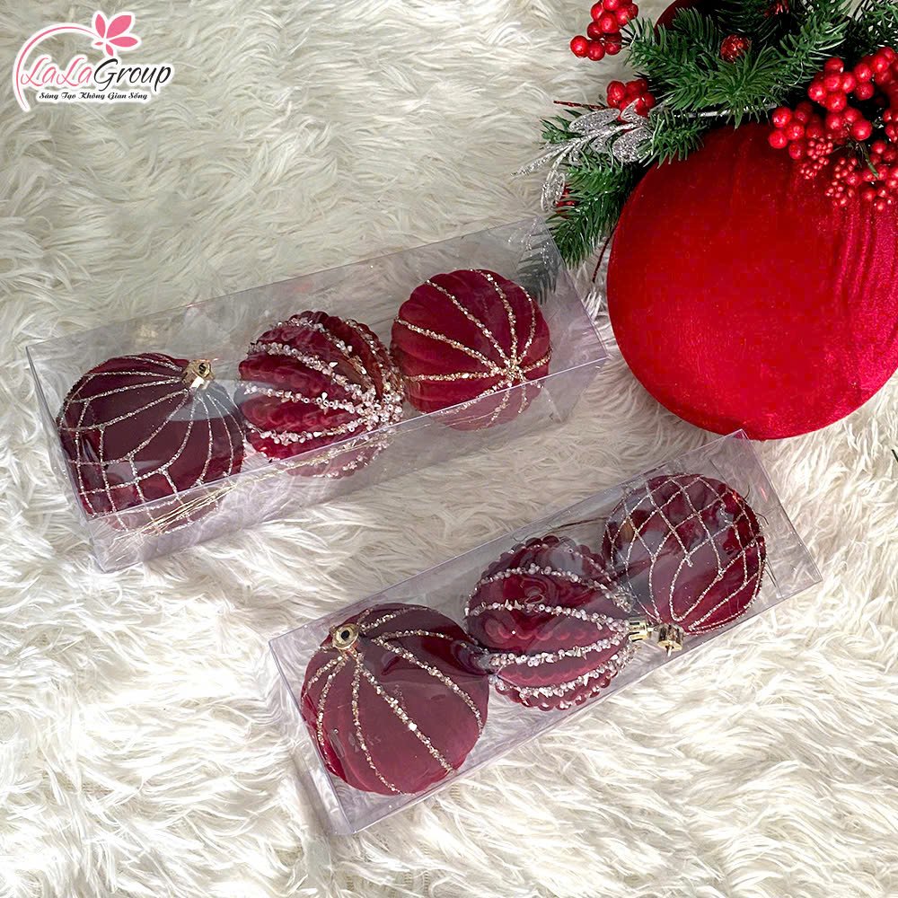 Hộp 3 Quả Ch&acirc;u Nhung Đ&iacute;nh Kim Tuyến Cao Cấp Trang Tr&iacute; Noel