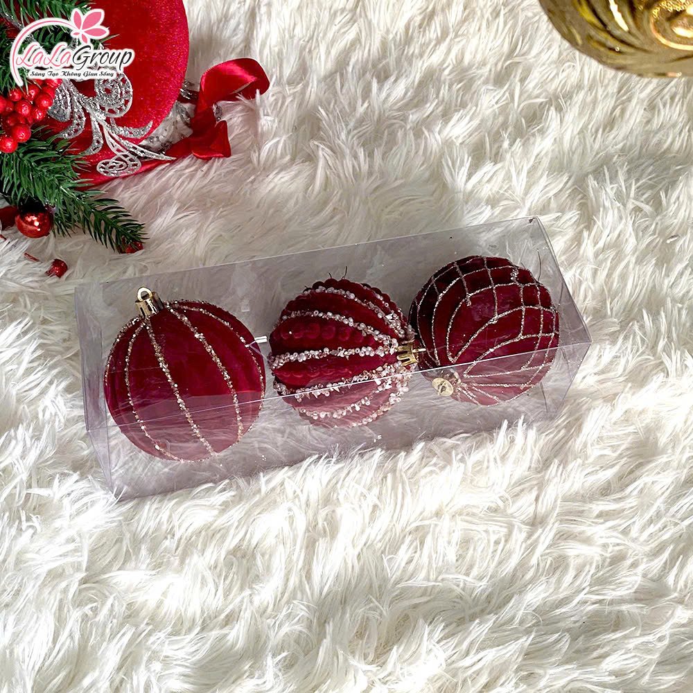 Hộp 3 Quả Ch&acirc;u Nhung Đ&iacute;nh Kim Tuyến Cao Cấp Trang Tr&iacute; Noel