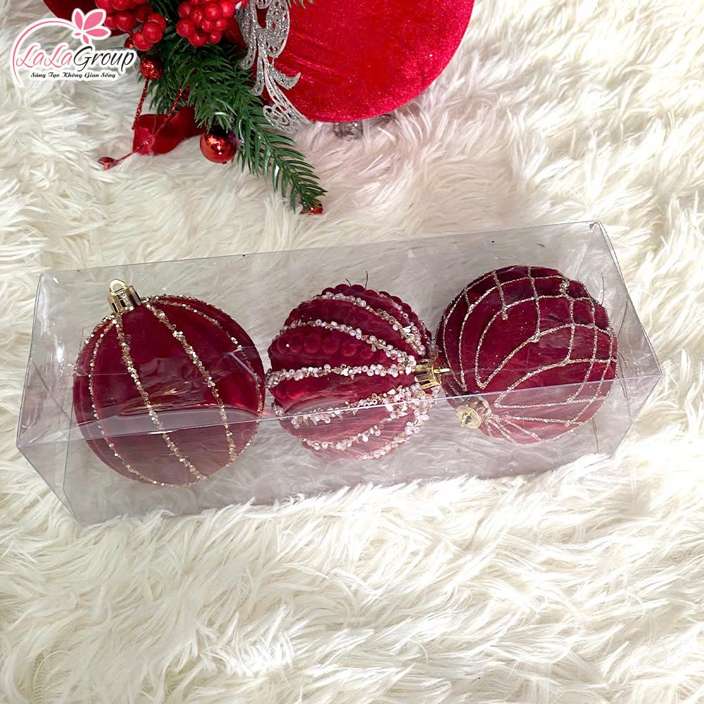 Hộp 3 Quả Ch&acirc;u Nhung Đ&iacute;nh Kim Tuyến Cao Cấp Trang Tr&iacute; Noel
