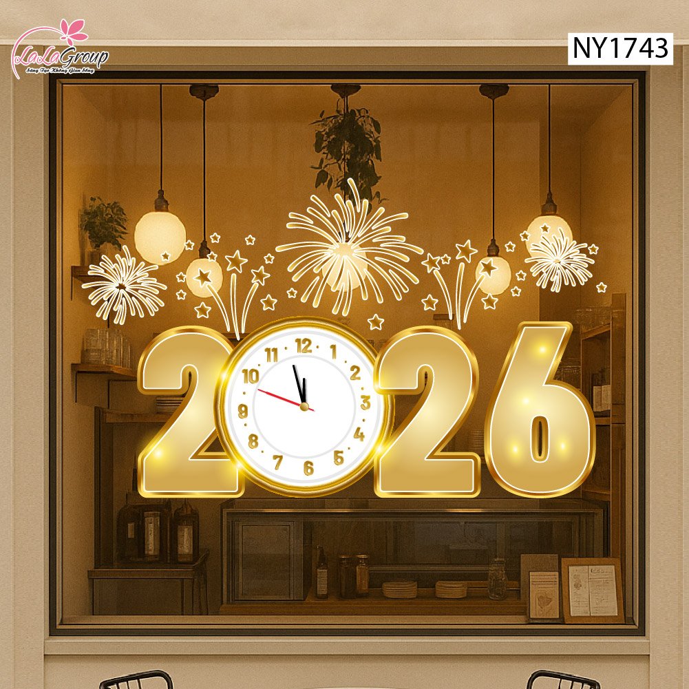 Decal trang trí tết 2026 và pháo hoa vàng may mắn