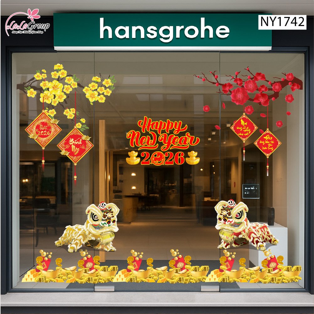 Combo Decal Trang Tr&iacute; Tết B&iacute;nh Ngọ 2026 Mai Đ&agrave;o Khoe Sắc